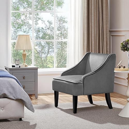 Miniatura 30 de Yaheetech Silla de sala de estar, silla decorativa con bolsillo lateral de almacenamiento, sillón con asiento ancho y patas de madera de goma para