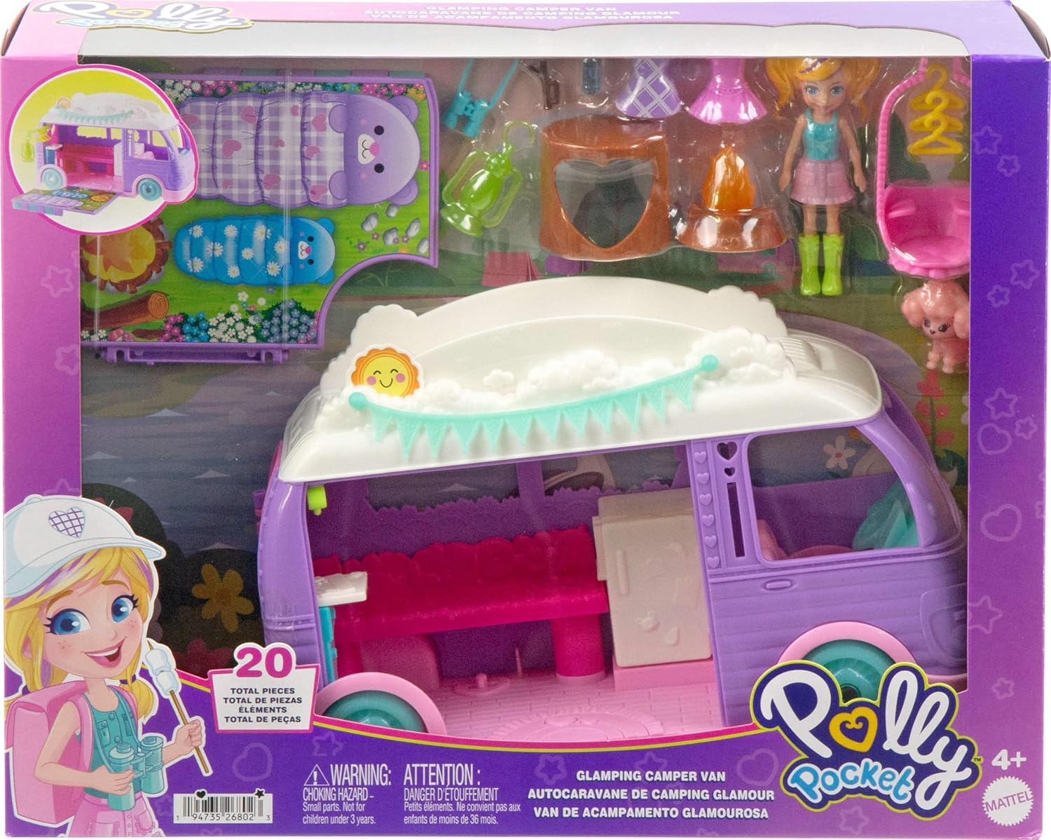Polly Pocket Doll & Pet Playset, Travel Toy with Camping & Food Accessories, Glamping Camper Van (Amazon Exclusive)