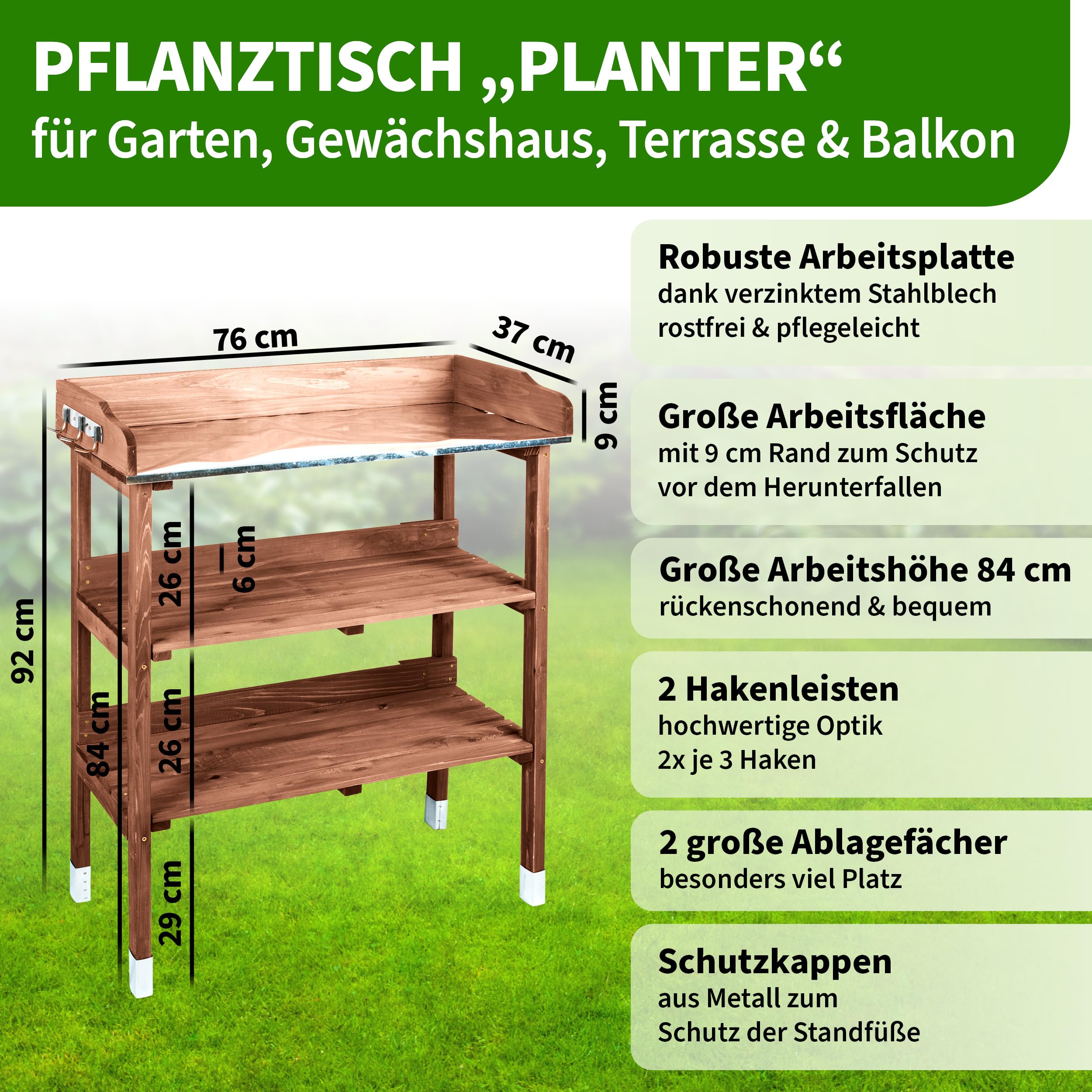 TTL Garden Planter Deluxe Table de jardinage 3 tiroirs plan de travail galvanisé extérieur résistante intempéries étagère 6 crochets bois sapin marron