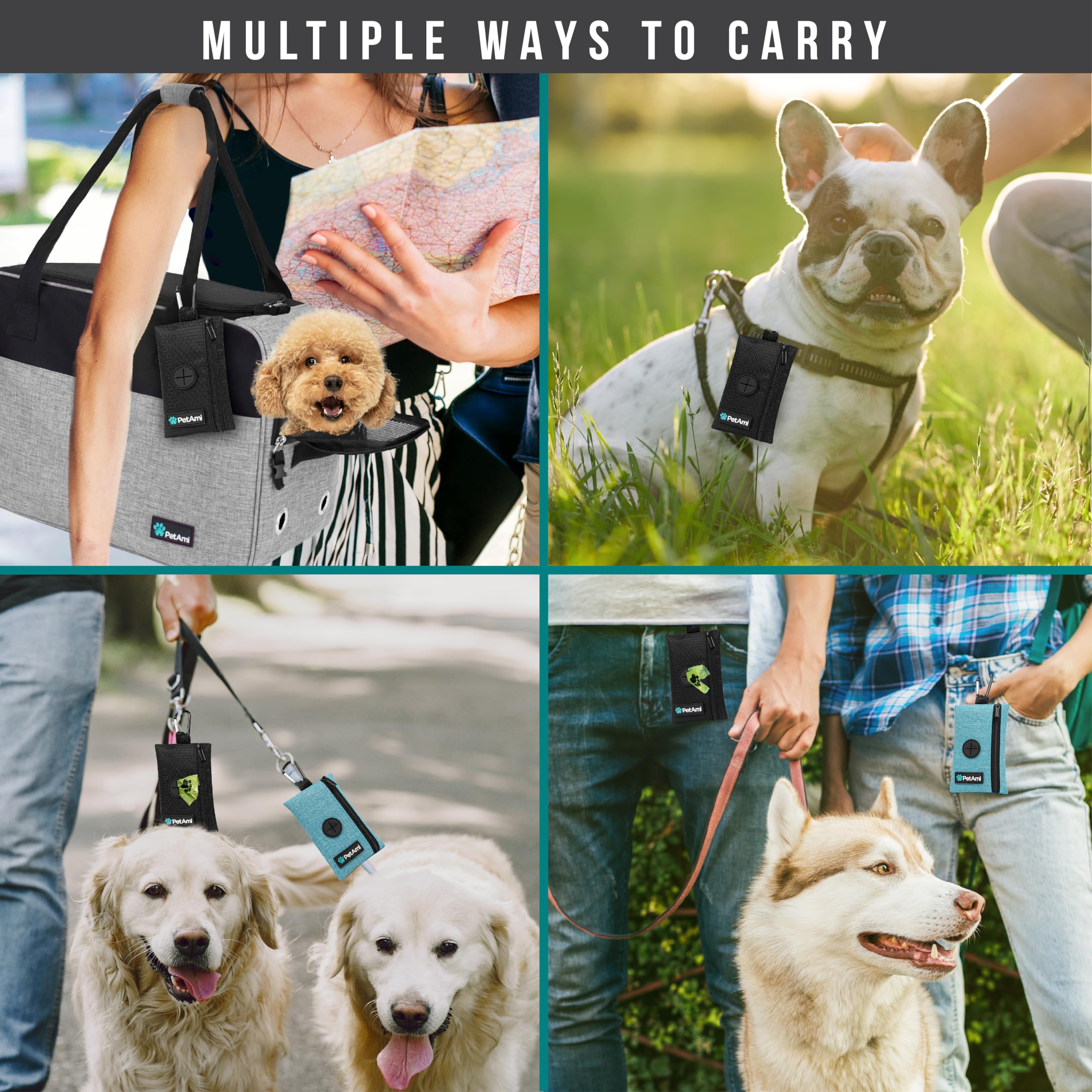 PetAmi Soporte para bolsas de excremento de perro para correa, dispensador de bolsas de basura para perros con clip para cachorros, accesorios para caminar, viajes, camping, bolsa de golosinas para