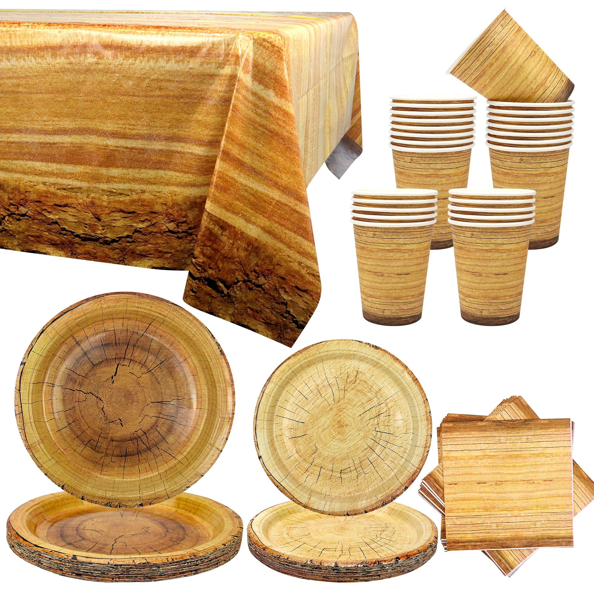 Camping Wood Grain Slice Supplies - Hunting Tableware Set for Forest Hunter Baby Shower, Animal Lumberjack Theme - Plates, Cups, Napkins, Tablecover - Serves 20
