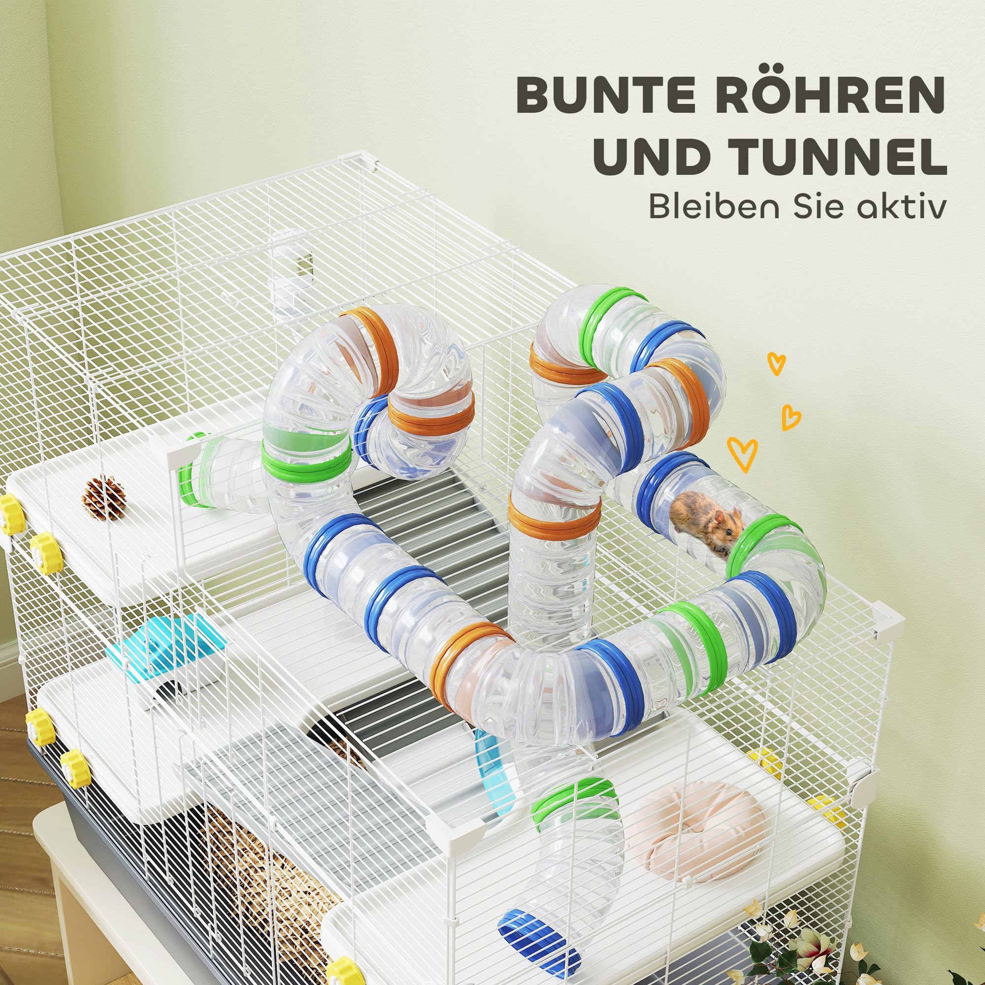 PawHut Hamsterkäfig 4 Etagen Nagerkäfig Kleintierkäfig mit Laufrad Futternapf Tunnel Hütte Obertür, Kleintierstall Käfig für Hamster Syrischer Hamster 78 x 45 x 73 cm, Grau