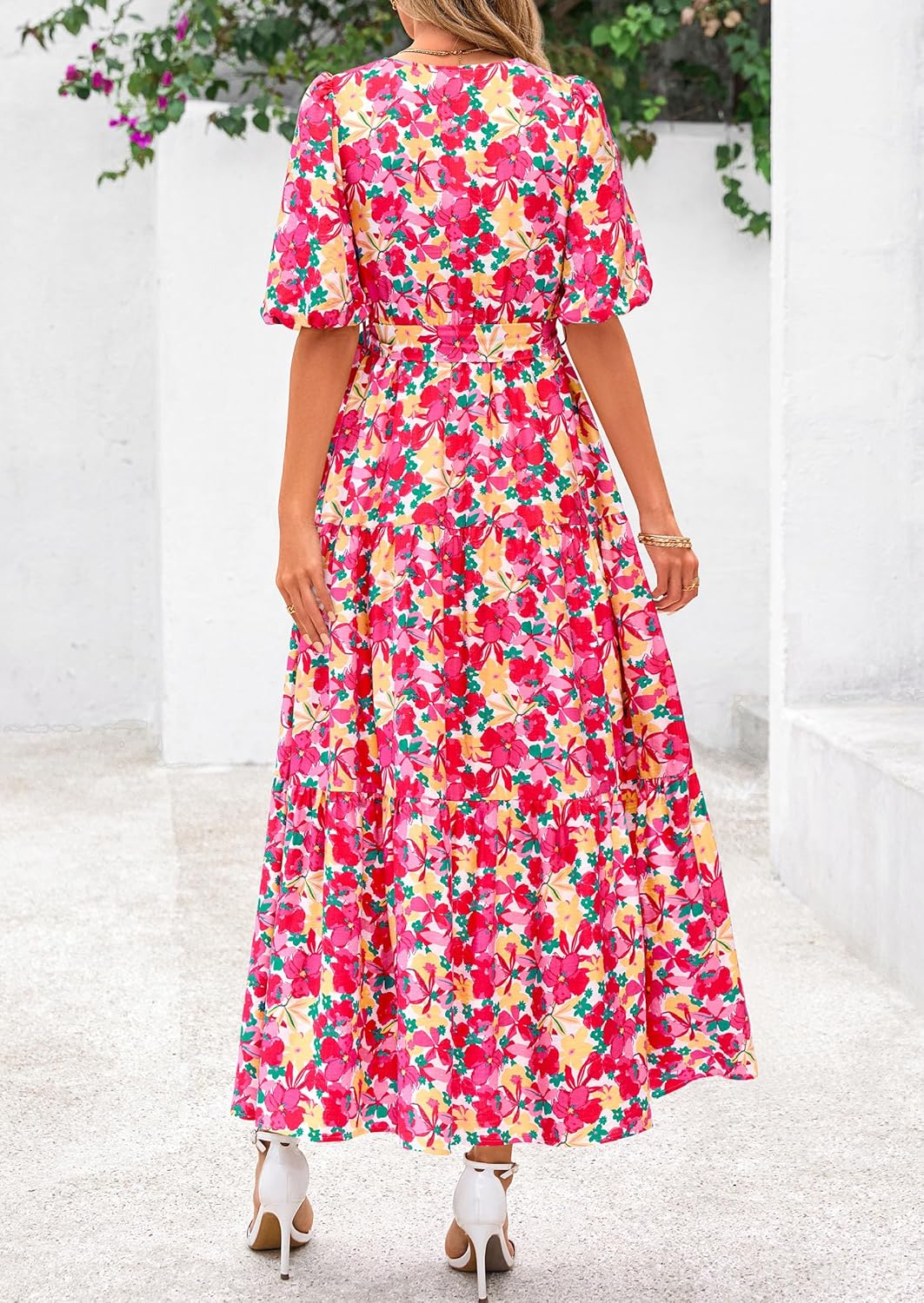 PRETTYGARDEN Women's Summer Maxi Dress 2026 Resort Wear Boho Floral V Neck Puff Short Sleeve Ruffle Flowy Beach Long Dresses