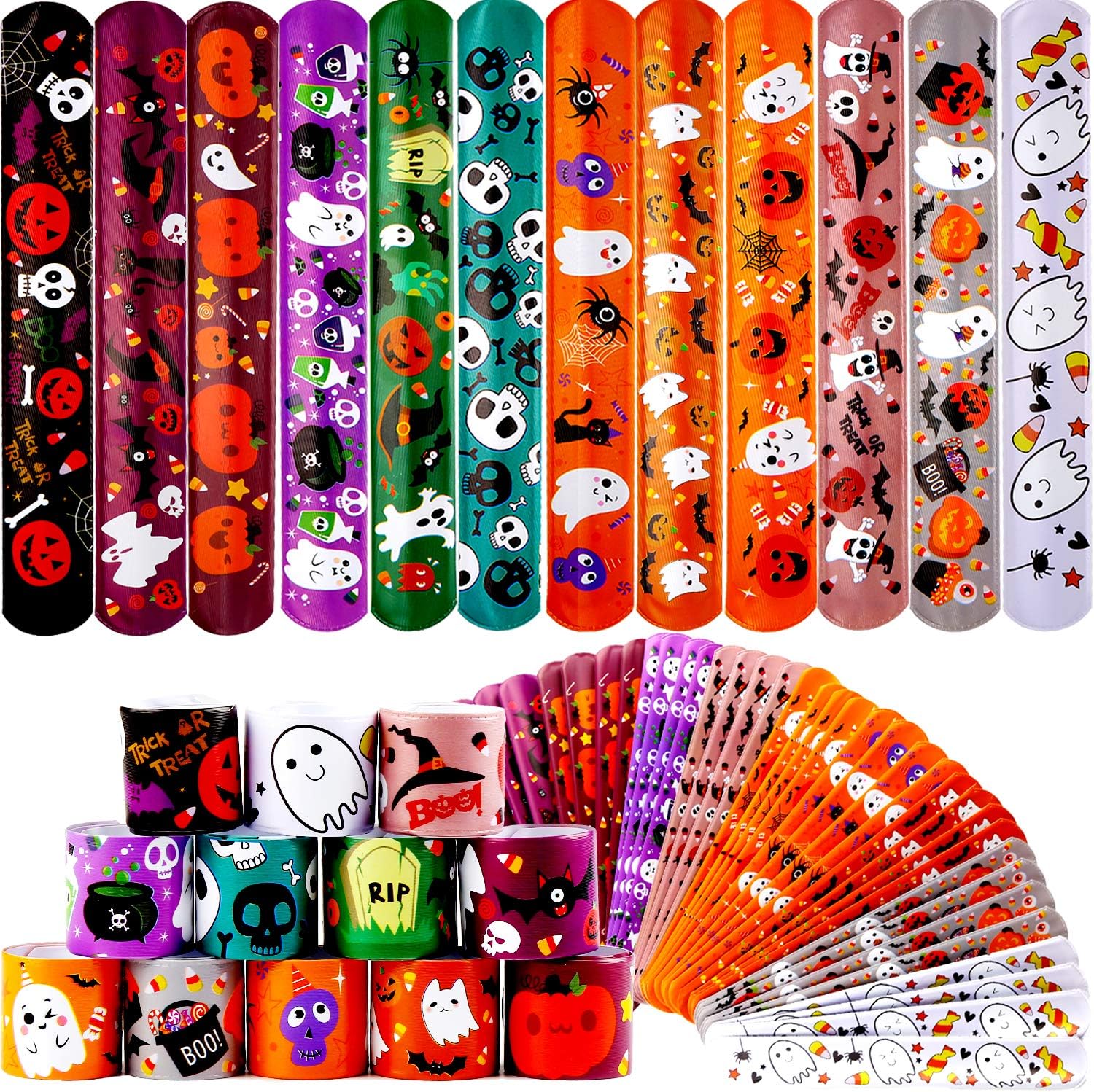 LOKIPA 48 PCS Halloween Slap Bracelets Wristband for Kids Snap Bracelets for Halloween Party Favors Bag Fillers - Image 3