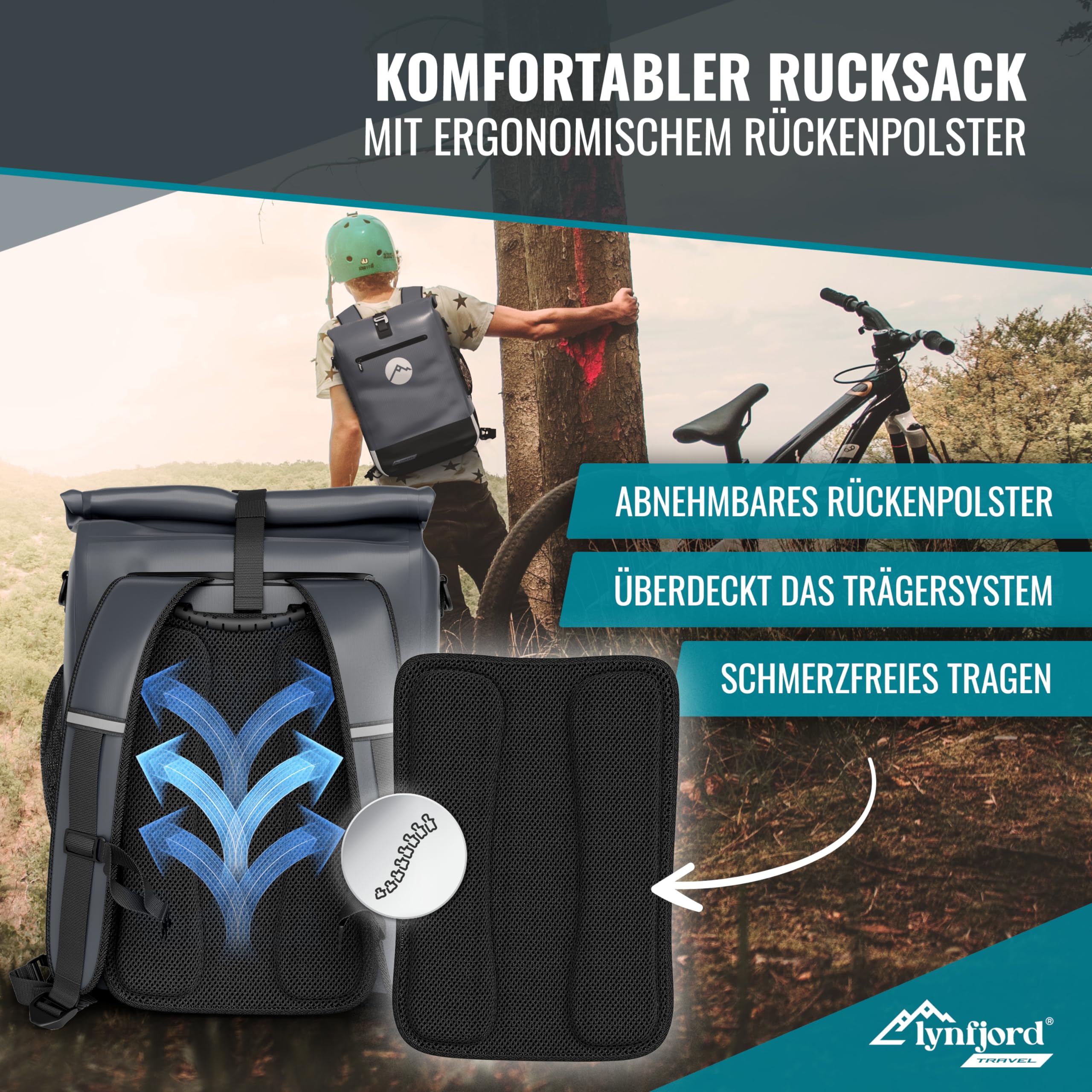 Travel Trek 25 Fahrradtasche 3in1 - optimierte Gepäckträgertasche, Rucksack, Cross Bag - wasserdicht - Rückenpolster - Helmnetz - Schnelleinhängung - Laptoptasche - Rückwand - Fiord