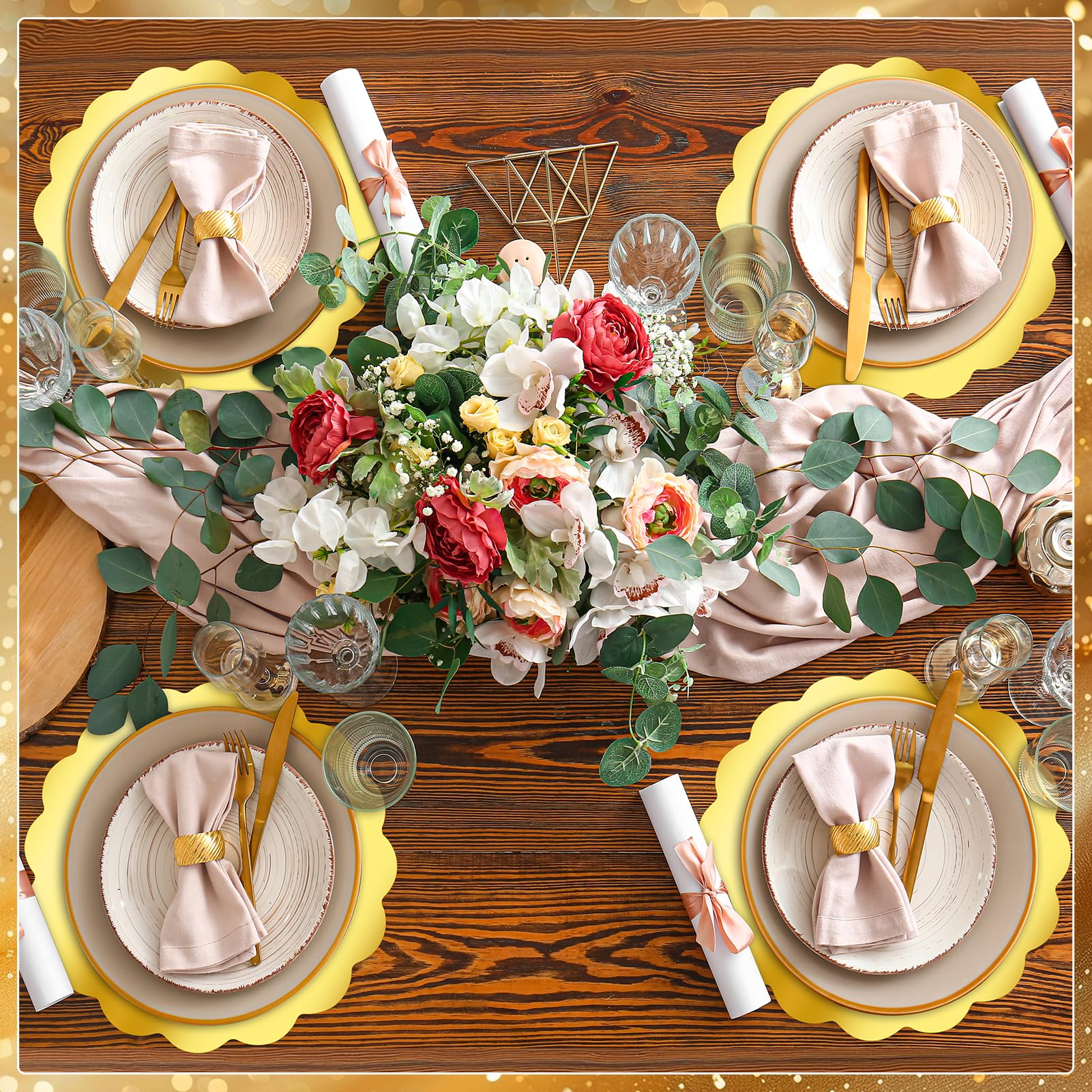 150 manteles individuales de papel dorado festoneado para platos de cena, manteles individuales desechables redondos de 13.5 pulgadas, a granel para Navidad, boda, fiesta de cumpleaños