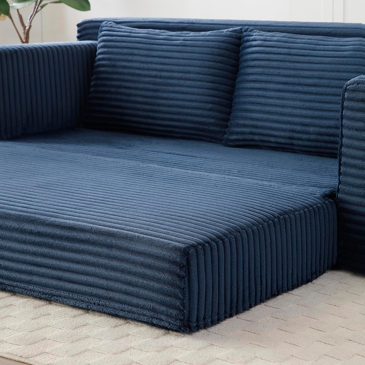 73" Convertible Sofa Bed, 2 in 1 Corduroy Folding Couch with Pillows, No Assembly Boneless Compression Sofa in Box, Loveseat with Side Storage Pocket for Apartment, Living Room, Blue