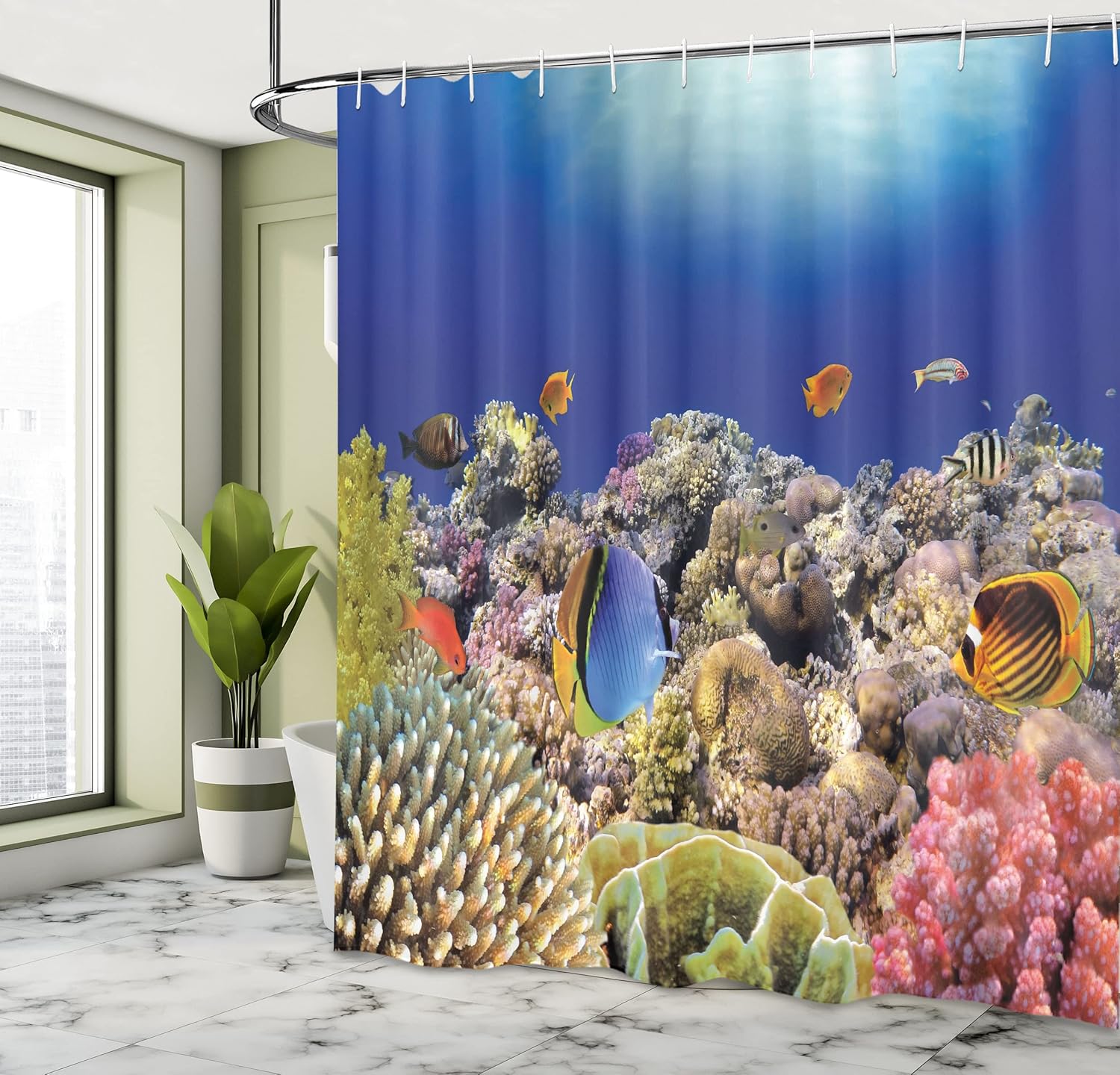Ambesonne Ocean Shower Curtain, Wild Sea Life Colorful Coral Reefs Exotic Fishes Bali Indonesia, Cloth Fabric Bathroom Decor Set with Hooks, 69" W x 75" L, Orange Blue