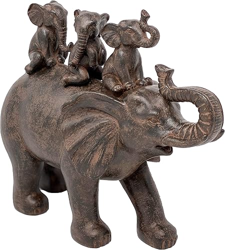 Miniatura 3 de Nature's Mark Estatua de resina de 8 pulgadas de alto, 3 elefantes montando un elefante, decoración decorativa para el hogar (marrón)