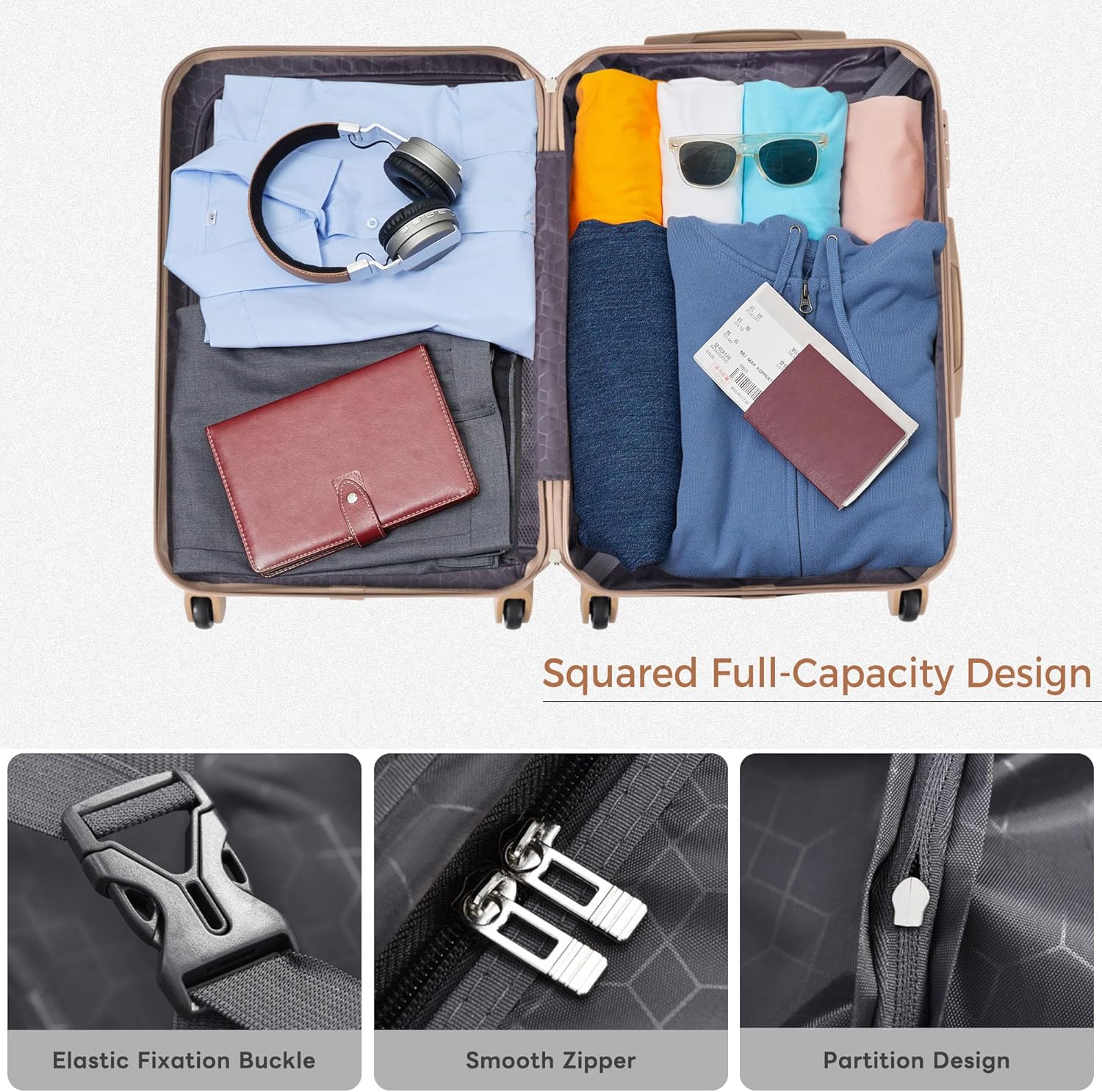 24 Inch Checked Suitcase with TSA Lock Travel Duffel Bag Wet-Dry Toiletry Bag, Golden