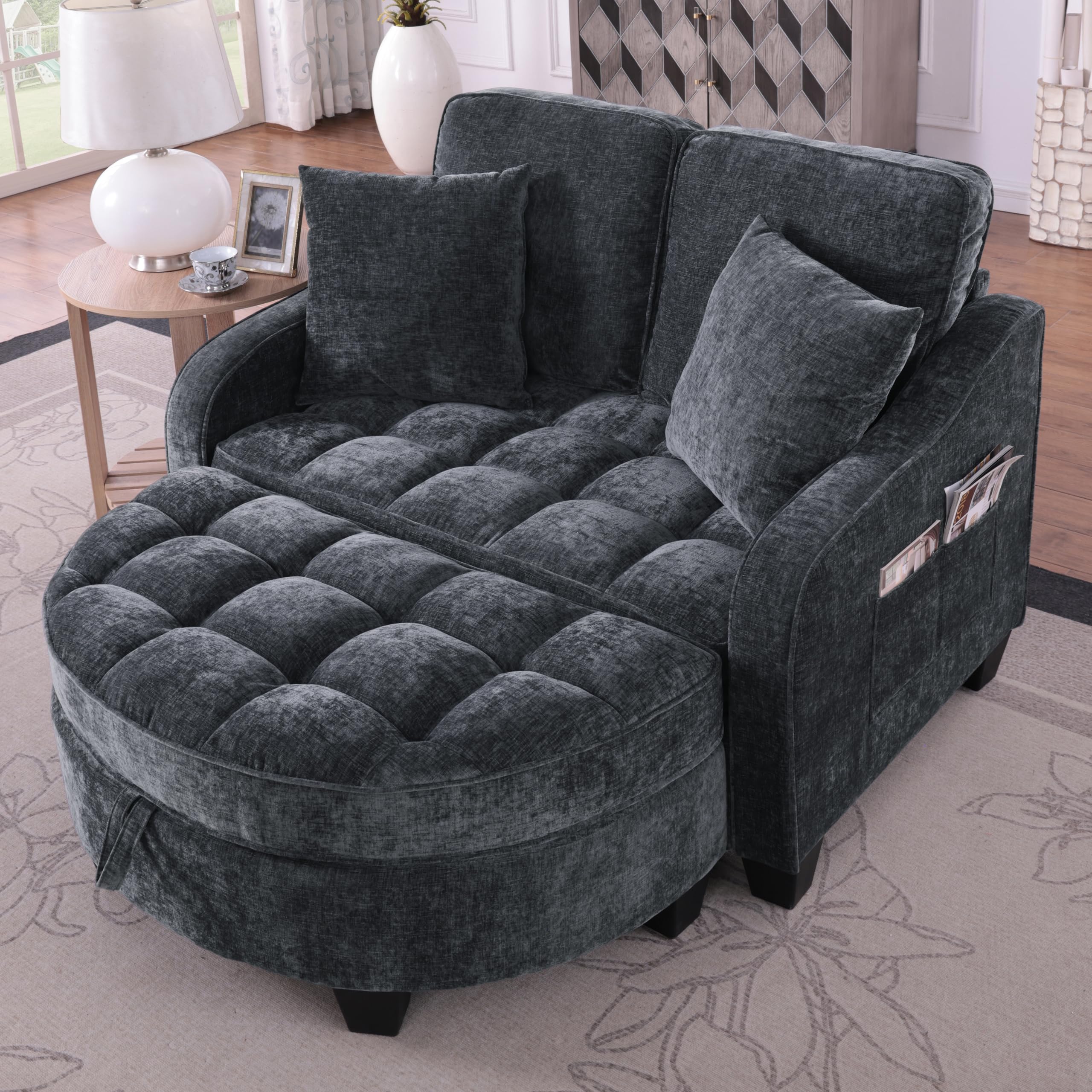 Modulares Schlafsofa aus weichem Chenillestoff, Sofa mit Schlaffunktion, Aufbewahrungs-Hocker, Schlafsofa mit Verstellbarer Rückenlehne und Kissen, für kleine Wohnzimmer, Studienzimmer, Schlafzimmer