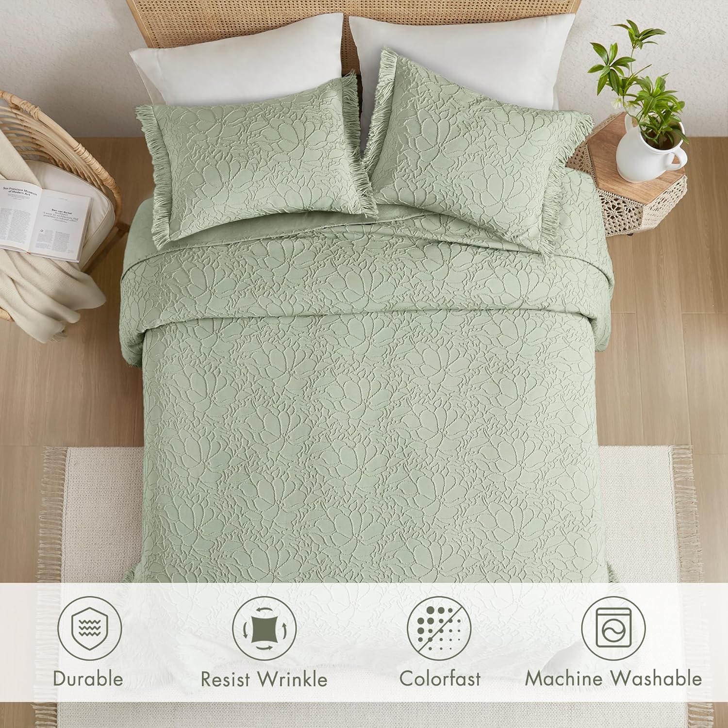 Madison Park Queen Bedspread Oversized Chenille Floral Bespread with Fringes, Bedding Set Cozy Quilt, All Season Lightweight Soft Bedspread, Willow, Queen Sage 3 Piece