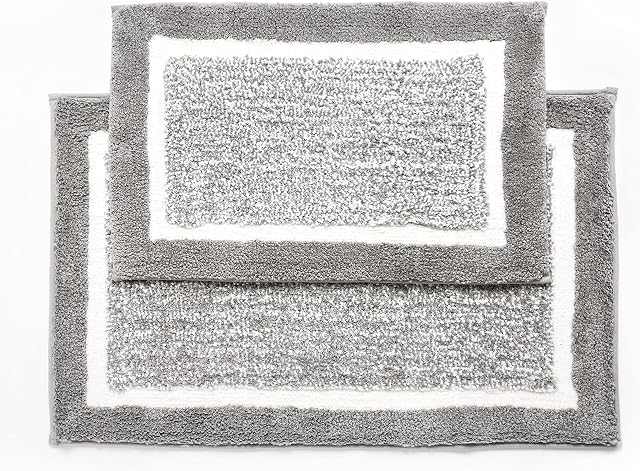 Penguin Home Microfiber Plush Soft Bath Mat Set of 2|Racetrack Design- Grey Colour||Rectangles|Absorbent Washable Toilet Rug Bathroom Mat Sets 2 Piece Non Slip Latex Backing|Size 40x60cm & 50x80cm|