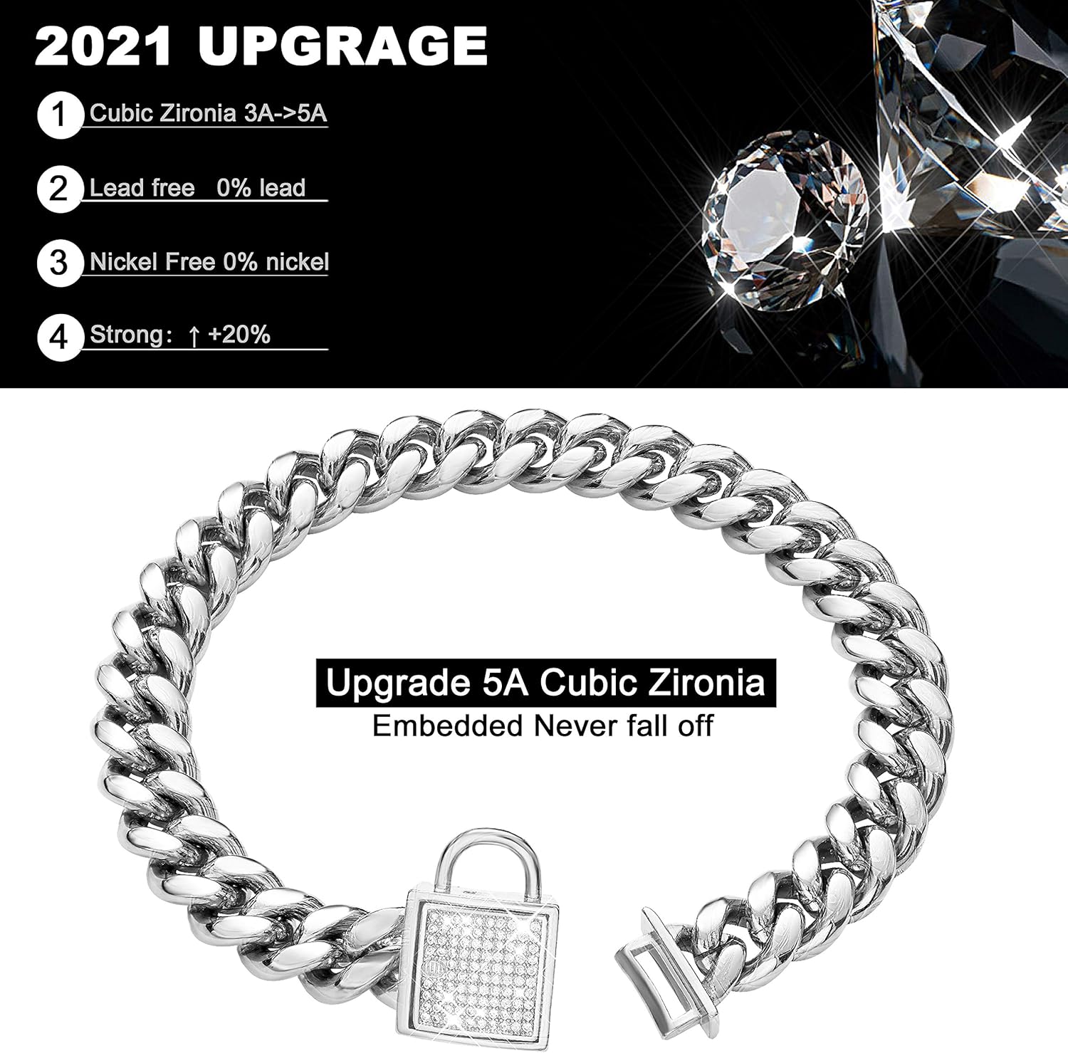 Dog Chain Collar Top Cubic Zirconia Lock 14mm Stainless Steel Silver Cuban Chain Pet Dog Walking Collar (24inches)
