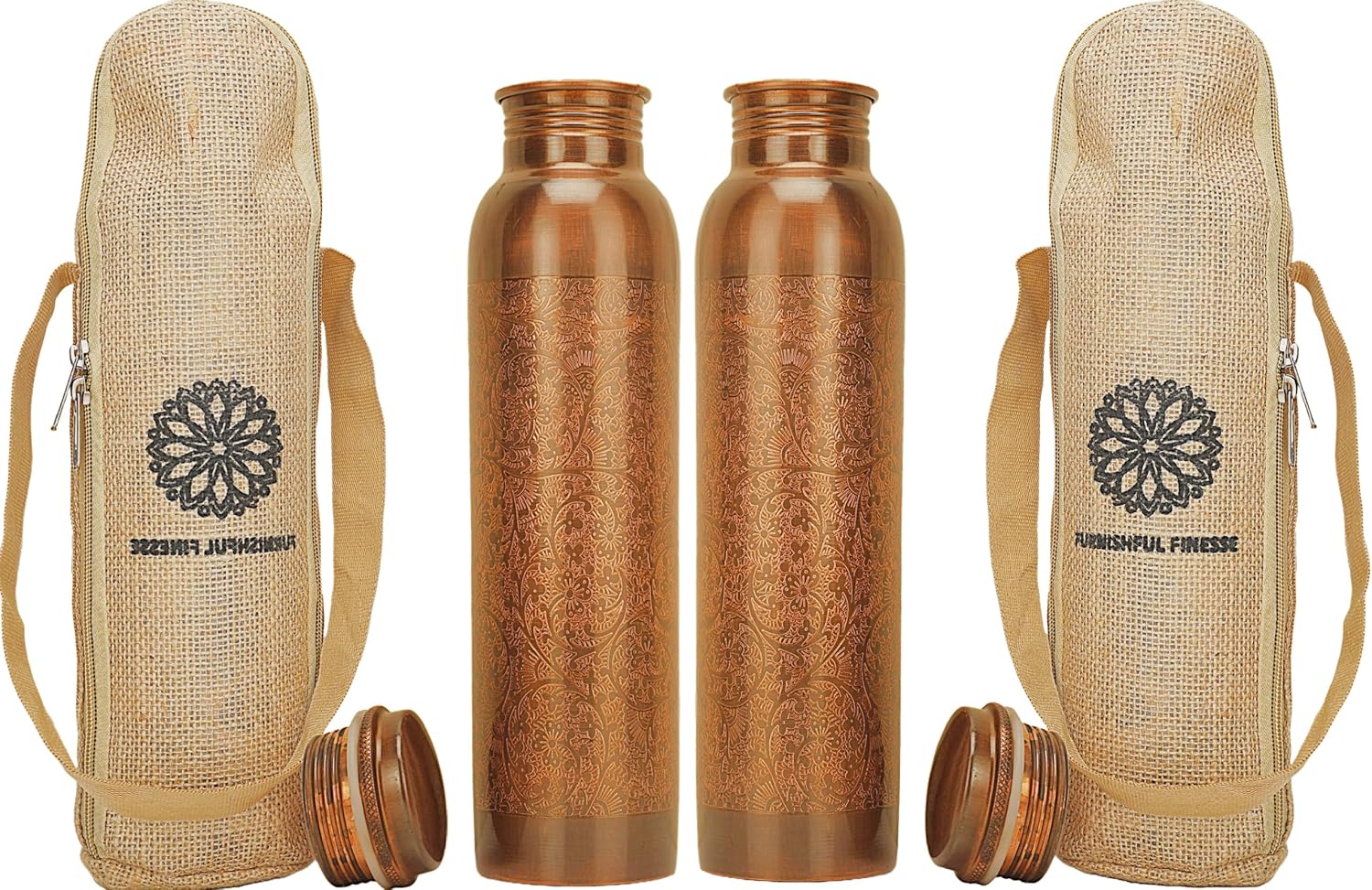 34 Ounce Antique Copper Bottle 1000 ml Pure Copper Water Bottles with Canvas Carry Bag for Sports, Gym Yoga, Hiking, Handmade Antique Ayurvedic Vessel 1 liter - Pack of 2