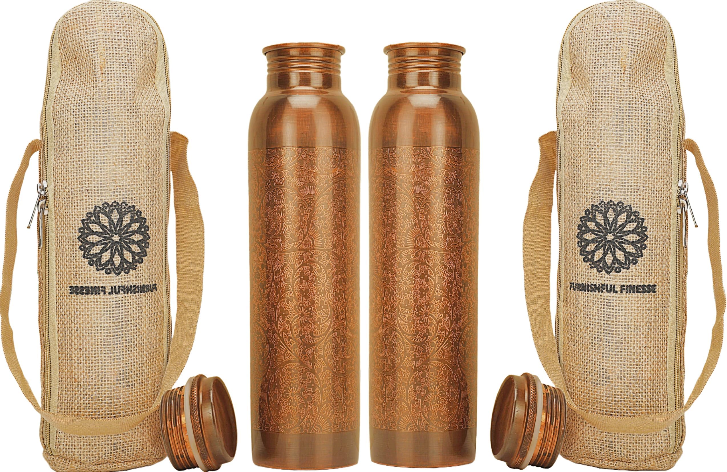 34 Ounce Antique Copper Bottle 1000 ml Pure Copper Water Bottles with Canvas Carry Bag for Sports, Gym Yoga, Hiking, Handmade Antique Ayurvedic Vessel 1 liter - Pack of 2