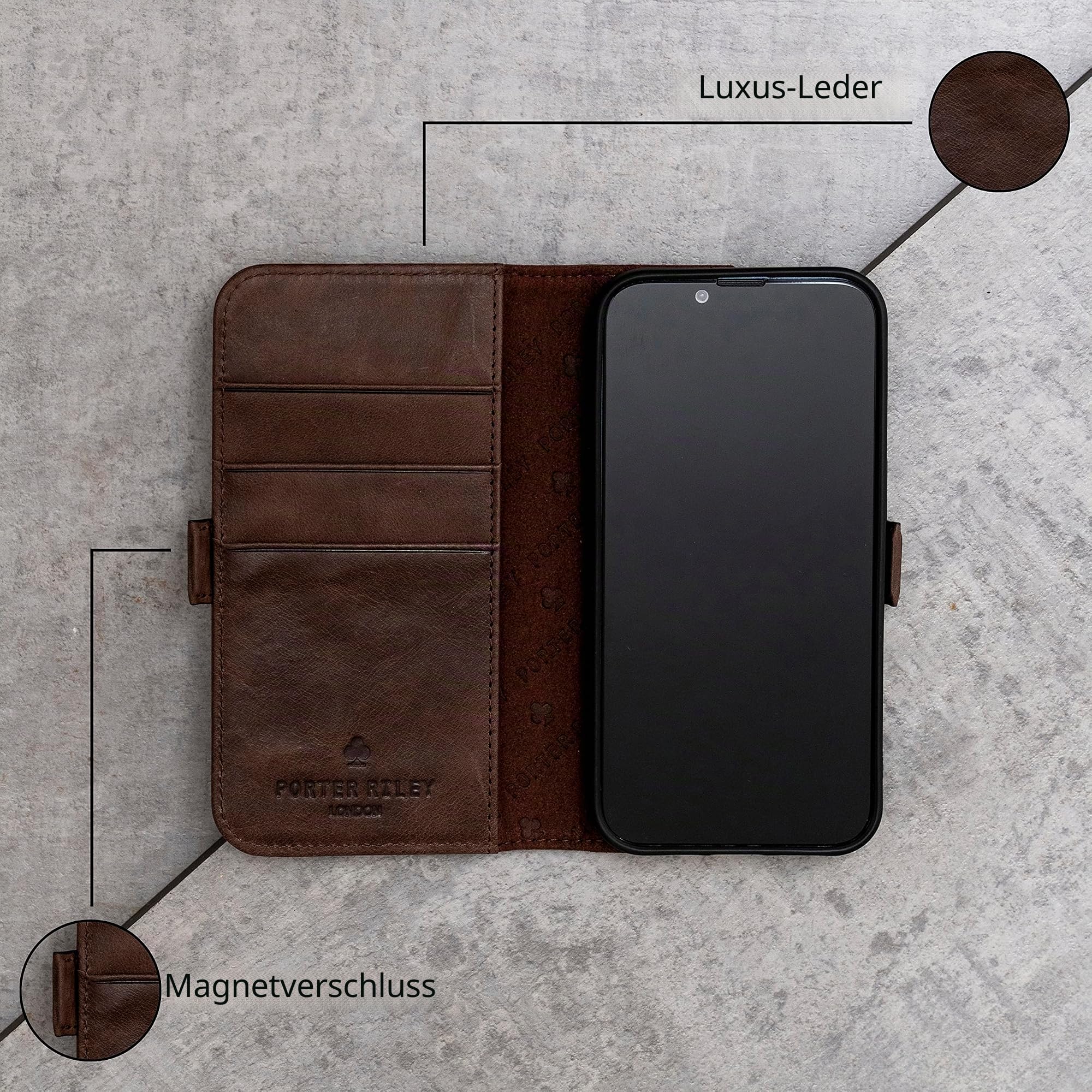 Porter Riley - Lederhülle für Samsung Galaxy S23 5G. Premium Echtleder Standhülle/Cover/Brieftasche (Schokoladenbraun)