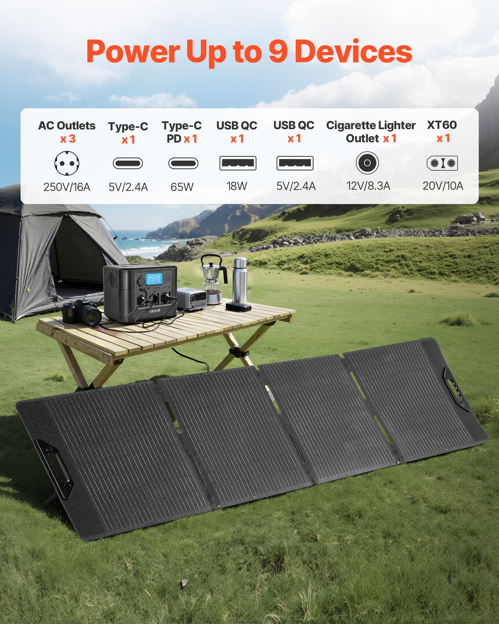 VEVOR Station Électrique Portable 1200 W Générateur Solaire Portable Panneau Solaire 200 W Batterie Secours LiFePO4 806 Wh pour Urgence Domestique, Camping, Voyage Camping-car, avec 9 Ports de Sortie