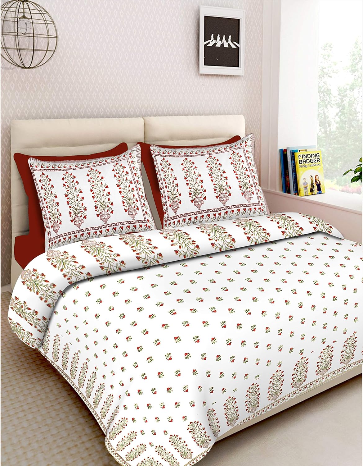 Indian Bed Sheet with Pillows on Handmade Cotton Bedding