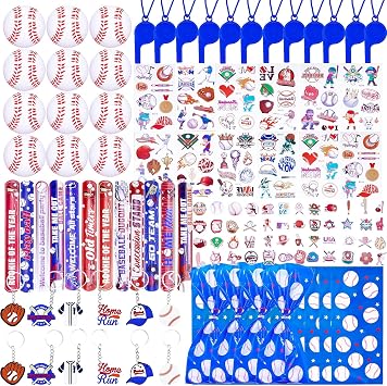 122 PCS Baseball Party Favors, Baseball Themed Goodie Bags with Key Chains, Mini Baseballs, Whistles, Tattoos and Stickers for Baseball Party Decorations Gifts, Birthday Party, Team Prizes