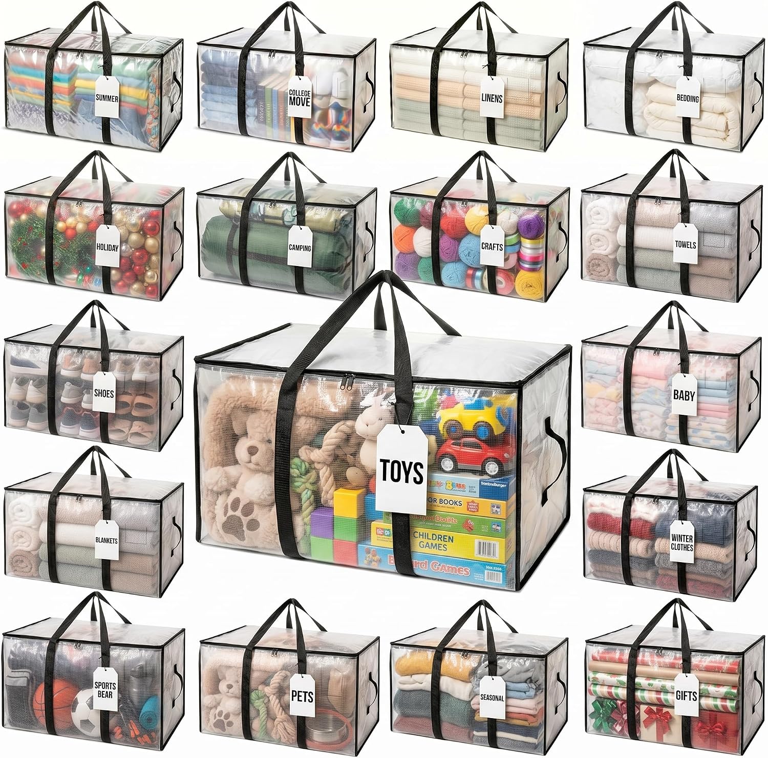 ClearSpace Heavy Duty Moving Bags or Storage Bins with Lids, Clear, 18 Pack | Extra large moving bags with reinforced handles hold clothes, bedding, blankets, and household essentials with ease
