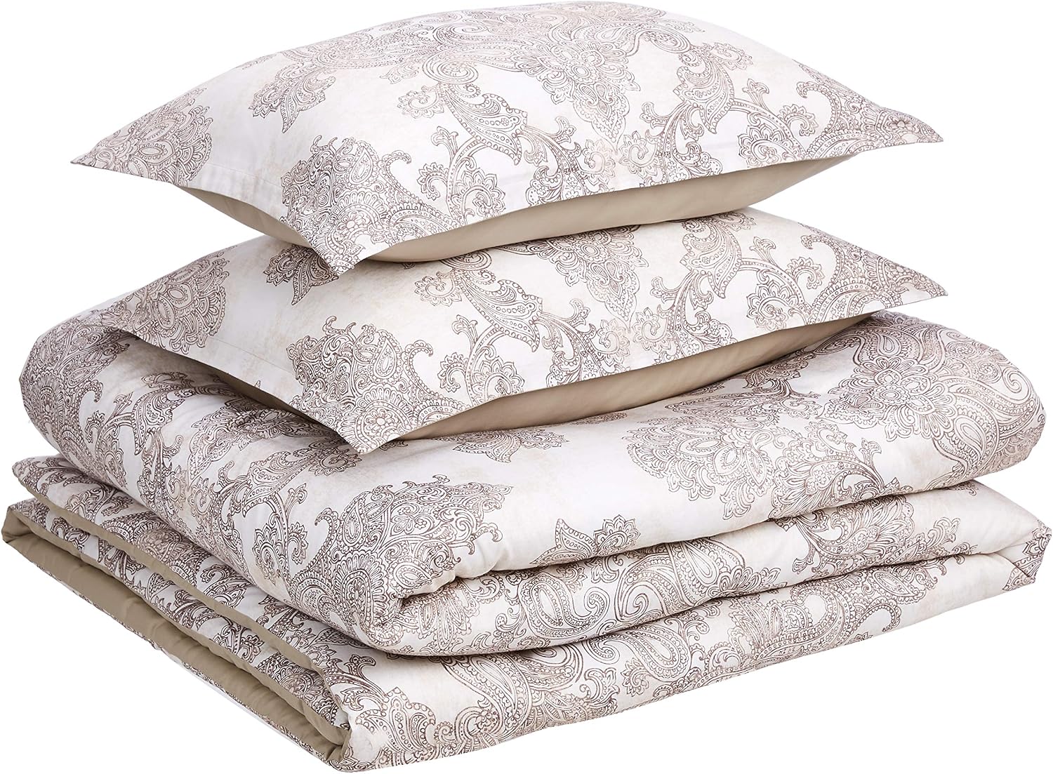 Amazon Basics All-Season Reversible Comforter Set - 100% Cotton Fabric with Microfiber Fill - King, Taupe Paisley