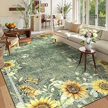 Sunflower Living Room Rugs 9x12, Washable Soft Non Slip Modern Bedroom Rugs, Low Pile Stain Resistant Large Area Rug for Dining Room, Ultra Thin Low Pile Throw Carpet for Office, Green