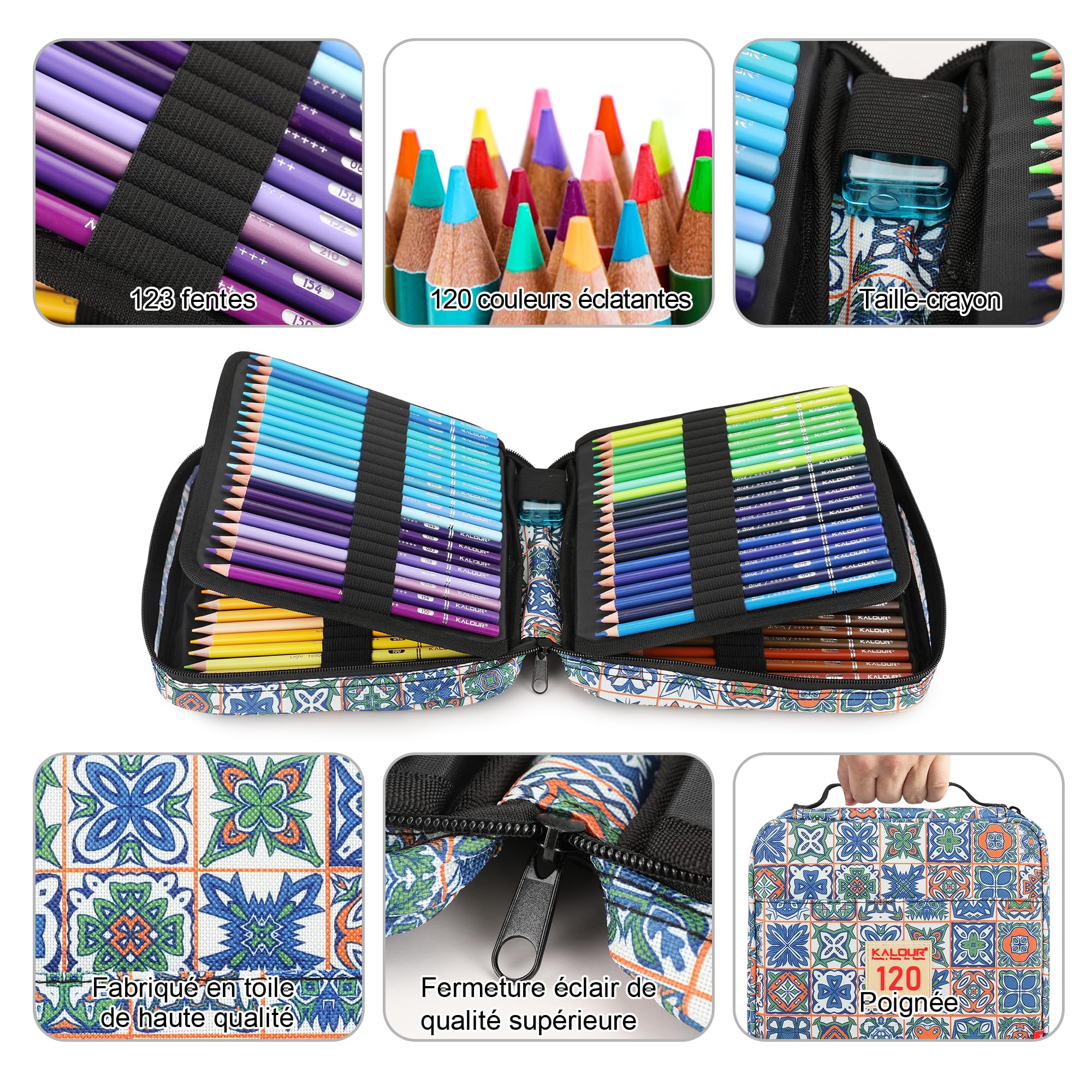 KALOUR PDAS Lot de 126 crayons de couleur, 120 crayons de couleur pour adultes, débutants, enfants, noyau souple de qualité supérieure, sac à fermeture éclair, livre de coloriage