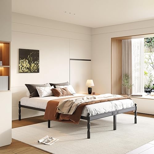 Miniatura 7 de COMASACH Base de cama de tamaño matrimonial de 14 pulgadas con tapón deslizante para colchón, marco de cama matrimonial, estilo vintage, listones de