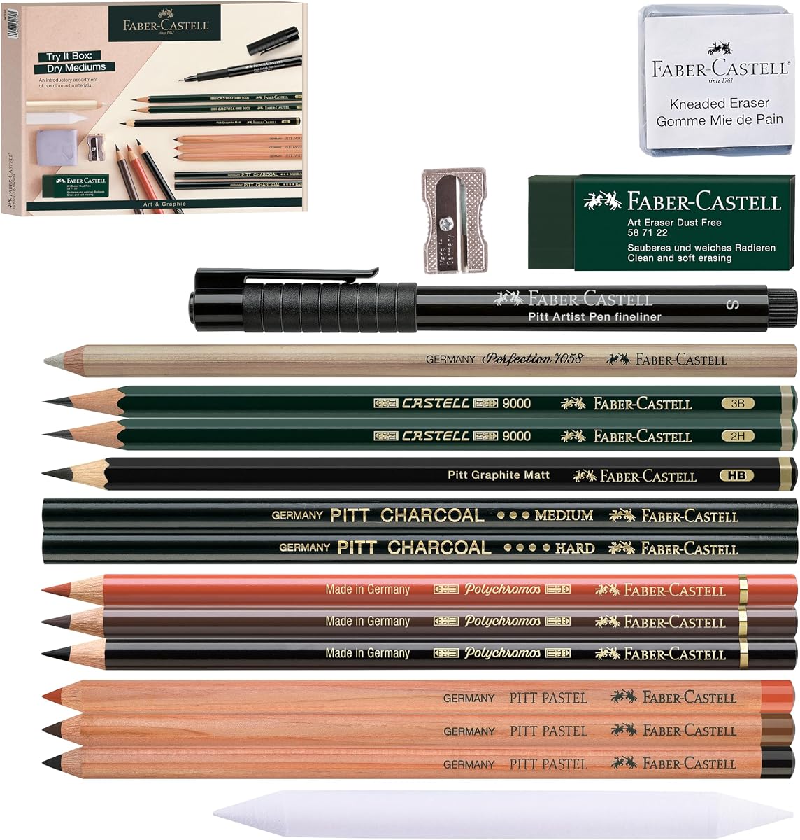 Try It Box: Dry Mediums - 17 Piece Sketching Drawing Art Set with featuring Colored Pencils, Graphite Pencils, Charcoal Pencils, Pitt Artist Pen and Art Tools