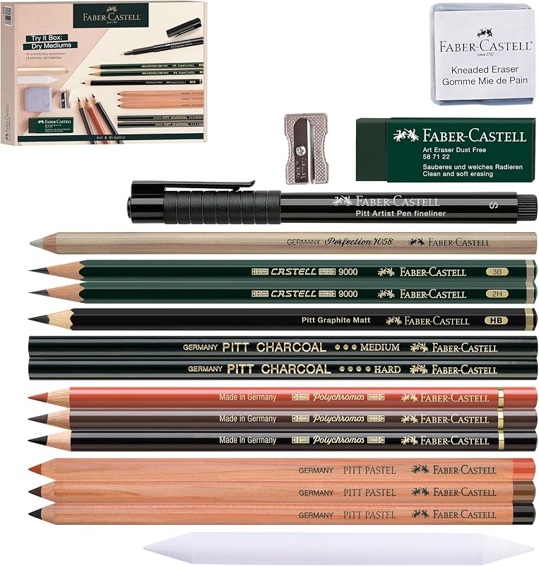 Try It Box: Dry Mediums - 17 Piece Sketching Drawing Art Set with featuring Colored Pencils, Graphite Pencils, Charcoal Pencils, Pitt Artist Pen and Art Tools