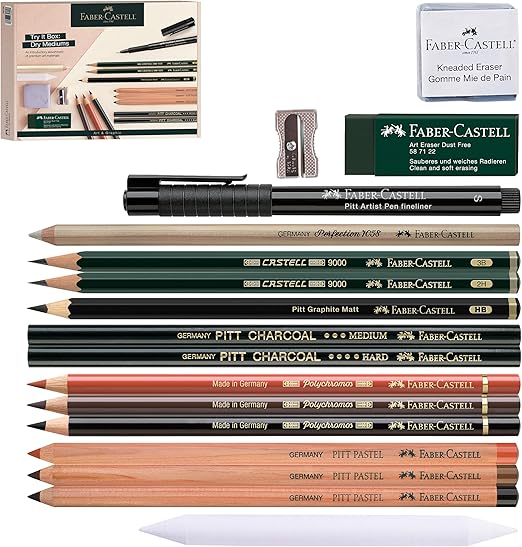 Faber-Castell Try It Box: Dry Mediums - 17 Piece Sketching Drawing Art Set with featuring Colored Pencils, Graphite Pencils, Charcoal Pencils, Pitt Artist Pen and Art Tools