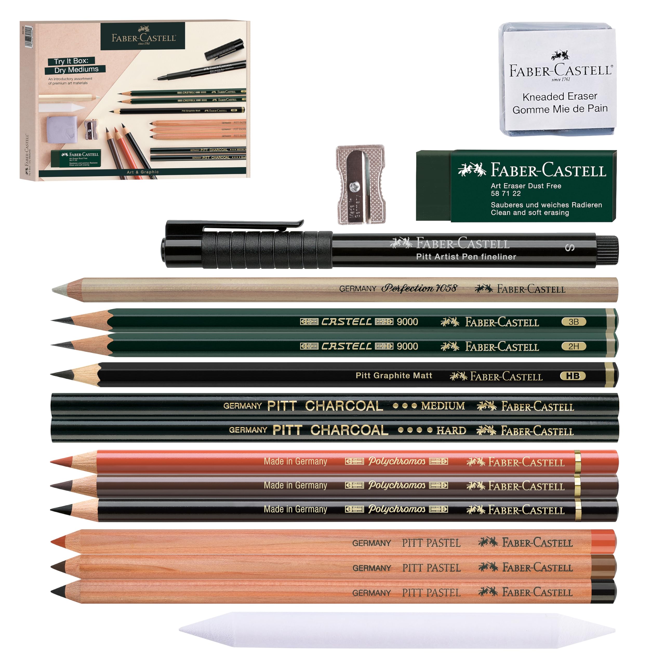 Faber-Castell Try It Box: Dry Mediums - 17 Piece Sketching Drawing Art Set with featuring Colored Pencils, Graphite Pencils, Charcoal Pencils, Pitt Artist Pen and Art Tools