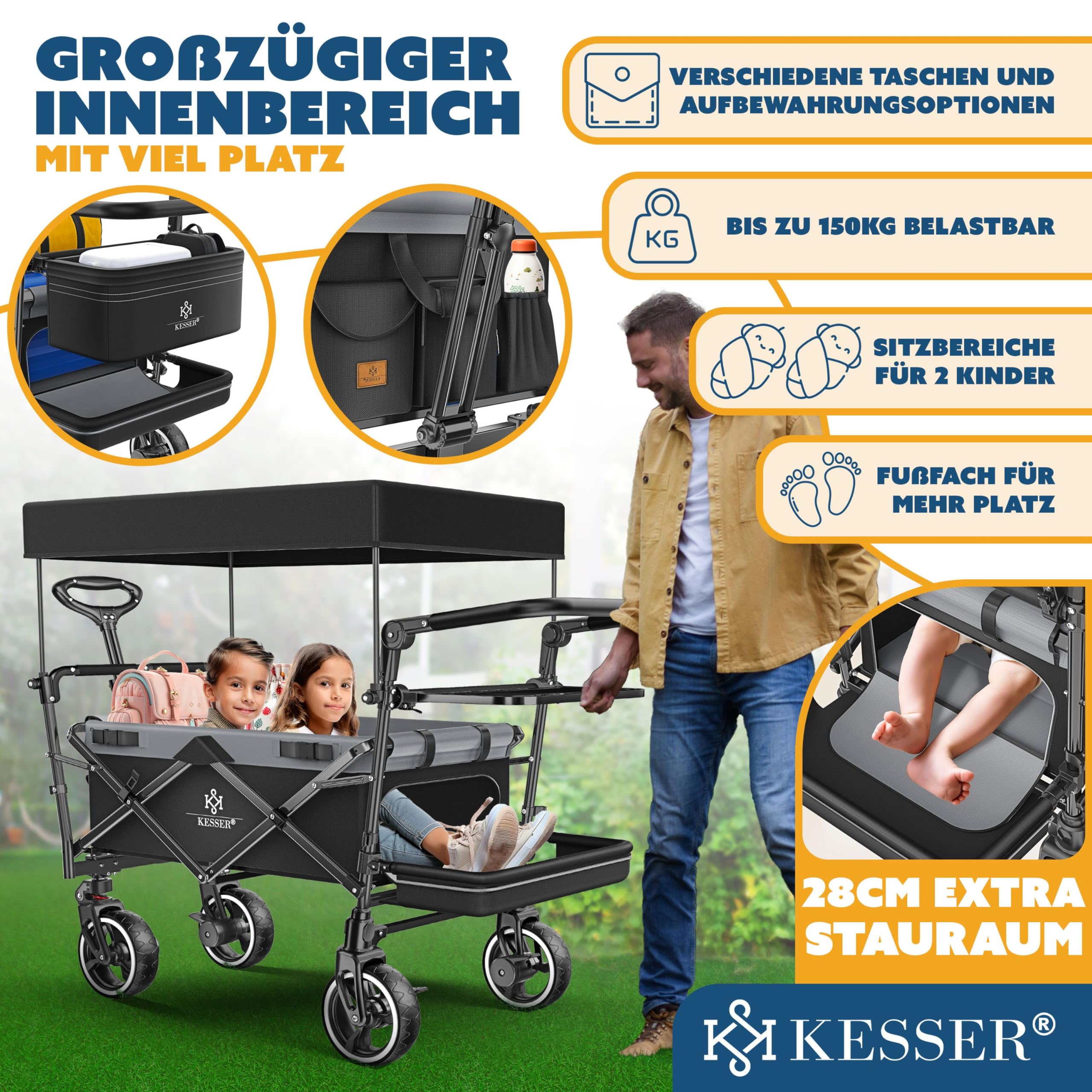 KESSER GTS-9100 - Carrello pieghevole con tetto, portata fino a 150 kg, con ruote in gomma dura e freni di stazionamento anteriore/posteriore, con serratura, copertura, intemperie e protezione da
