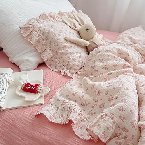 Miniatura 6 de BuLuTu Funda de almohada de muselina de algodón con borde de volantes y flores Galsang para niños, almohada de viaje suave para niños, niñas,