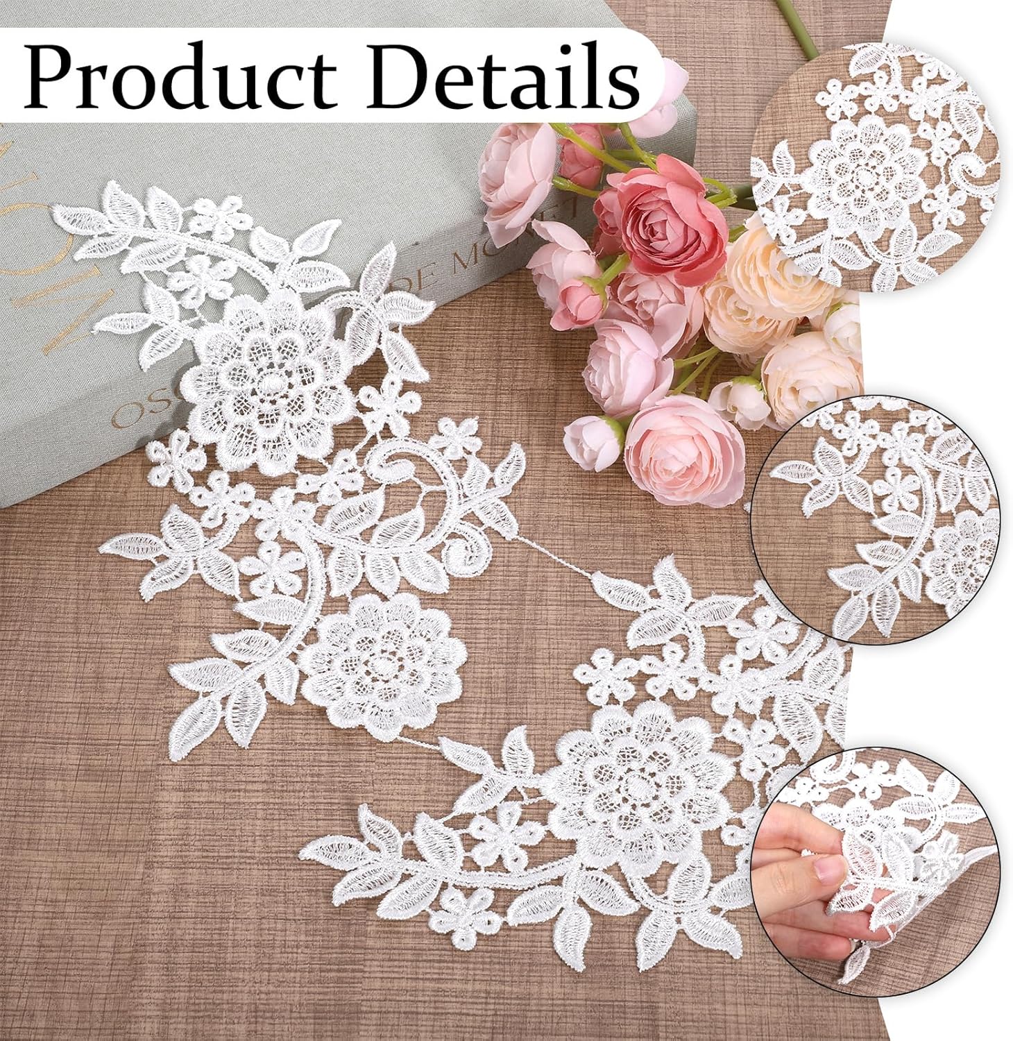 4PCS Lace Embroidery Patches, White Laces Appliques Embellishments, 3D Flowers Lace Applique, Vintage Soild Polyester Embroidery Patches for Sewing Making Dresses Clothes Wedding Decor Bags DIY Crafts