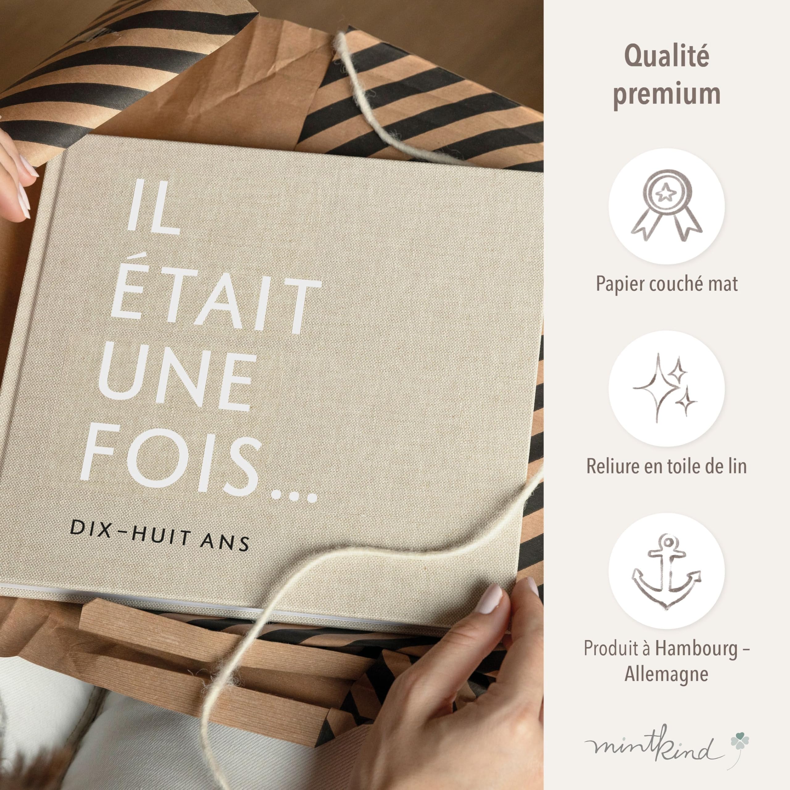 mintkind Livre de naissance bébé 0-18 ans – Album d'anniversaire à compléter, couverture en lin beige, souvenirs précieux, journal de bord pour bébé, étapes importantes et moments marquants