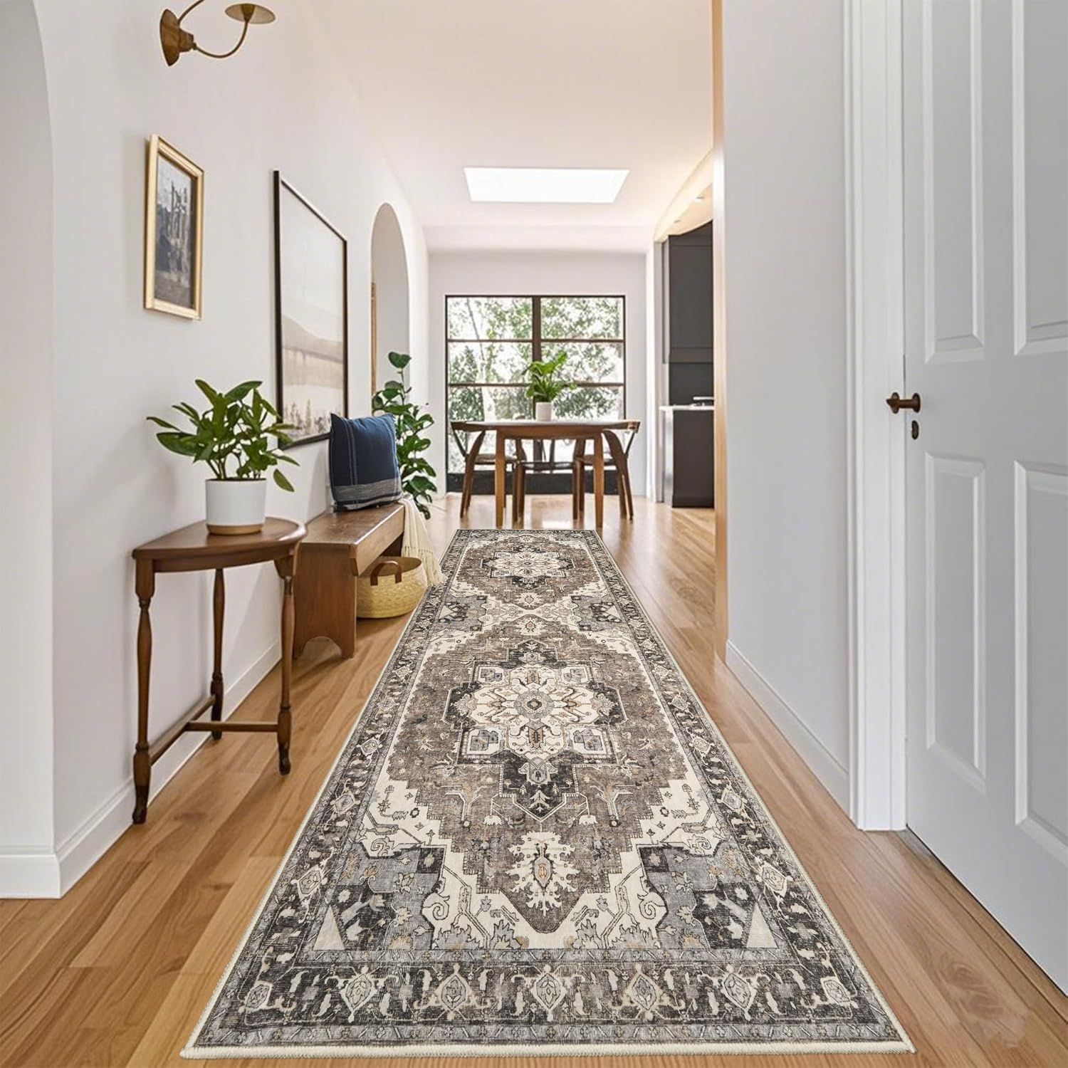 Washable Kitchen Runner Rug 4x12 - Low Pile Soft Rugs for Hallway Entryway Wide Vintage Stain Resistant Carpet with Non-Slip Rubber Backing Thin Indoor Floor Mat for Living Room Bedroom (Beige,4x12)