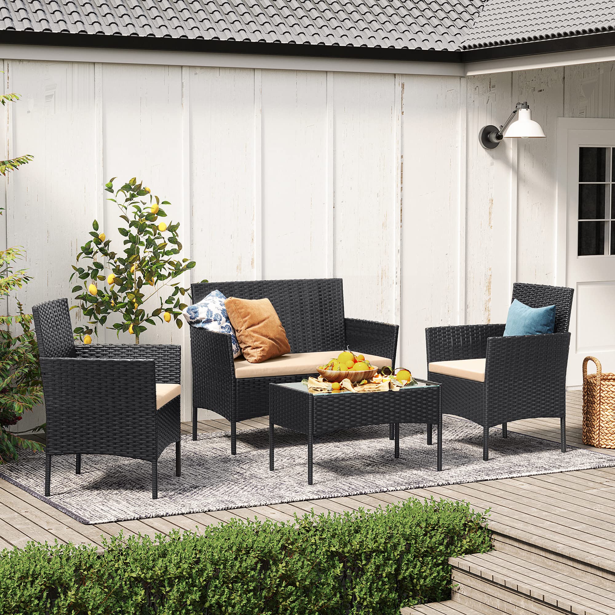 SONGMICS Set di mobili da Balcone mobili da Giardino in polyrattan PE Set Lounge mobili da terrazza Esterno Patio Balcone Giardino Nero Tortora GGF004B05