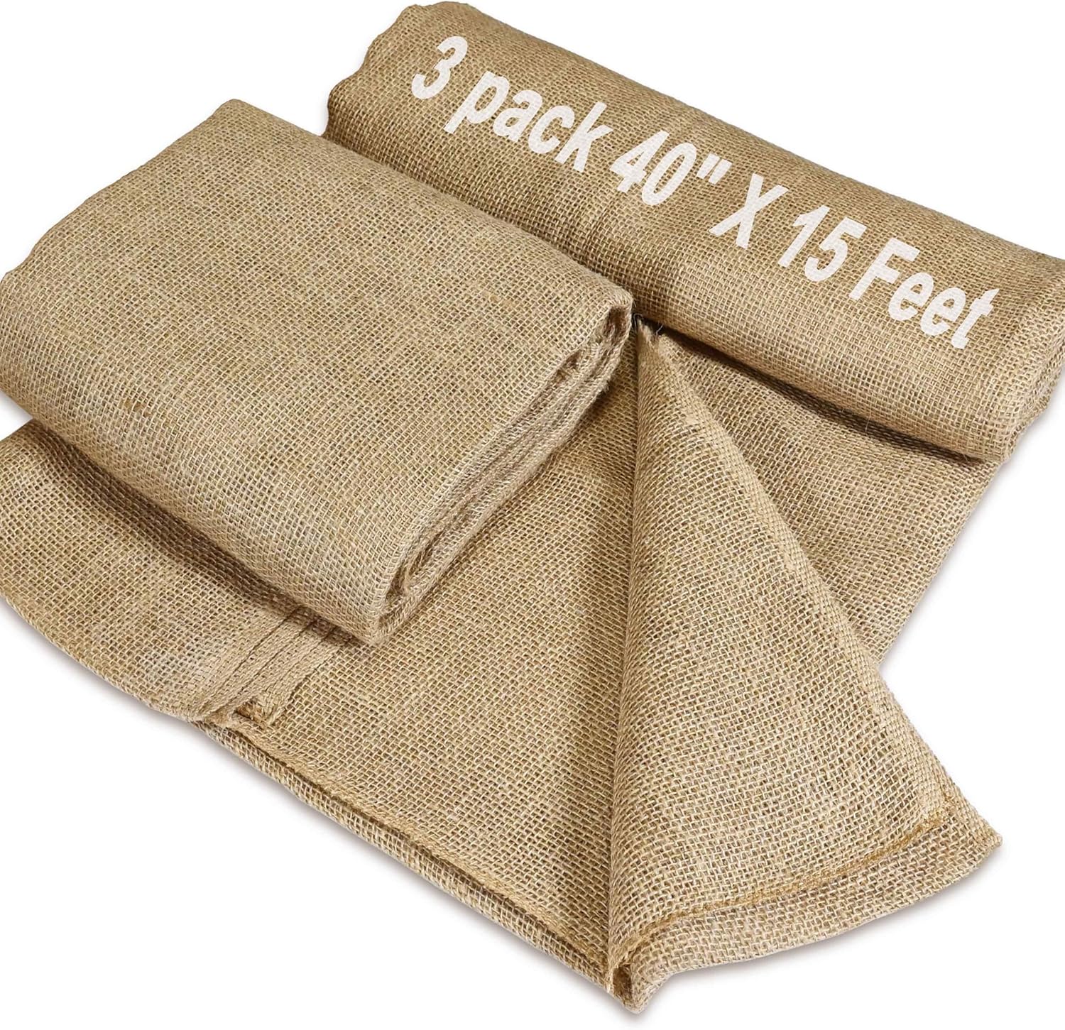 3 Pack 40" x15 Feet Natural Burlap Fabric,Multipurpose Burlap for Weed Barrier and Gardening,Jute Fiber for Decoration,Wedding Ceremony Aisle Runner,Outdoor Plant Care,Tree Wrap