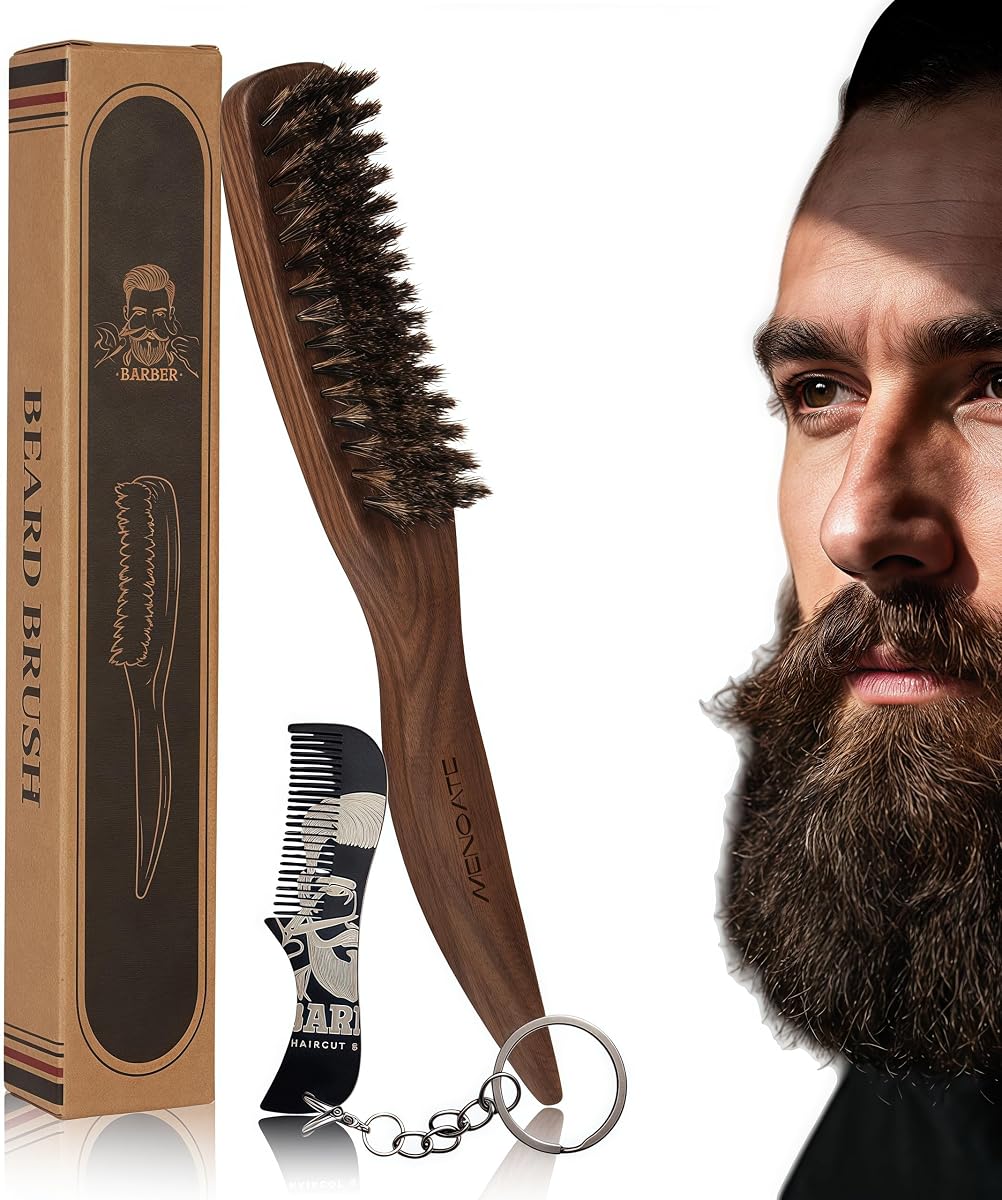 Cepillo para barba para hombre, mango de madera de nogal, para cabello grueso y fino, parte trasera lisa | Cepillo de pelo con cerdas de jabalí para hombres con cerdas rígidas, cuidado del cabello y la barba, alisa y promueve el crecimiento, 9,21 pulgadas de largo