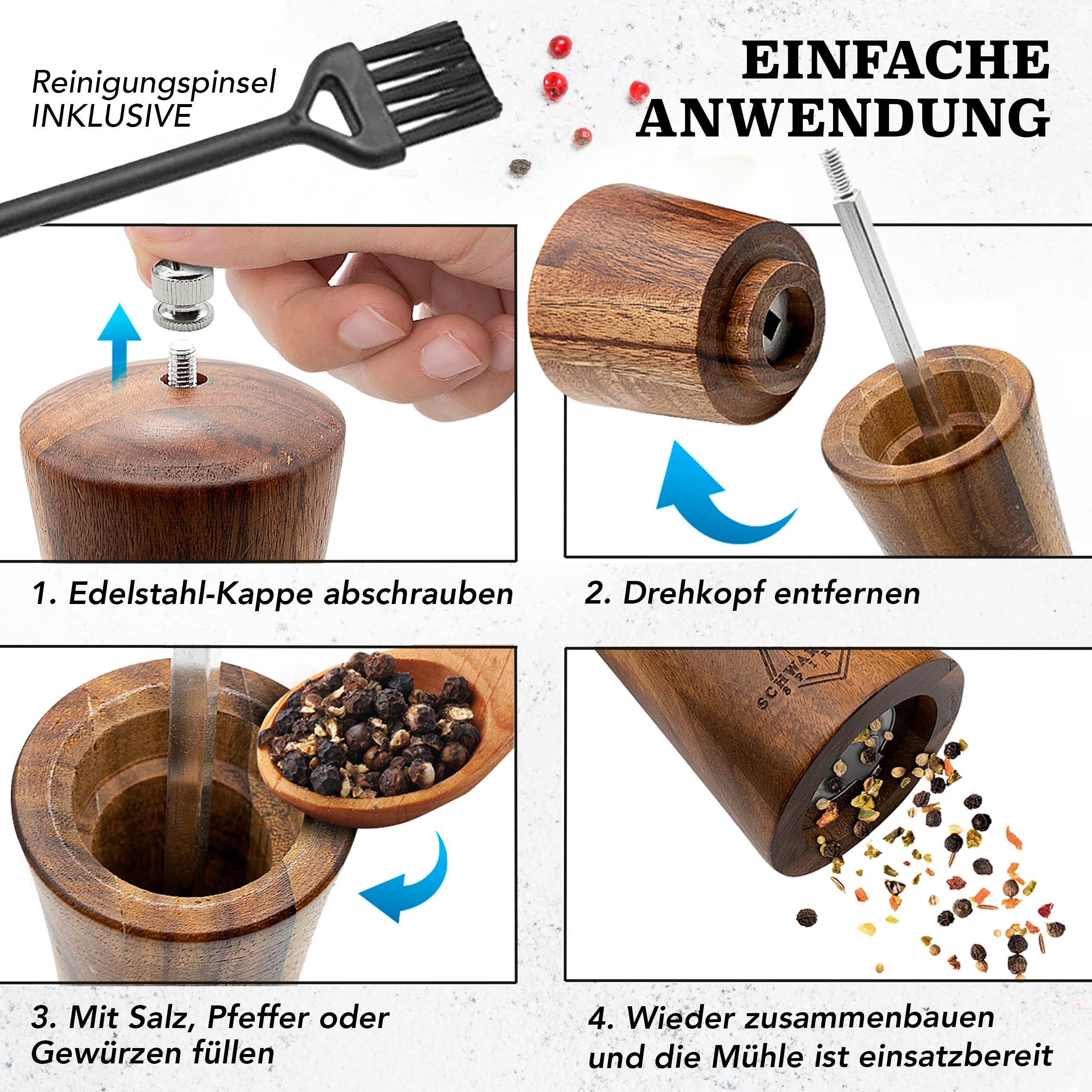 Salz und Pfeffermühle Holz Groß (21 cm) - 2er Set mit Pfeffer und Salzmühle - Gewürzmühle mit Keramikmahlwerk inkl. Reinigungspinsel, Rezeptbuch - Küchenhelfer Geschenkidee