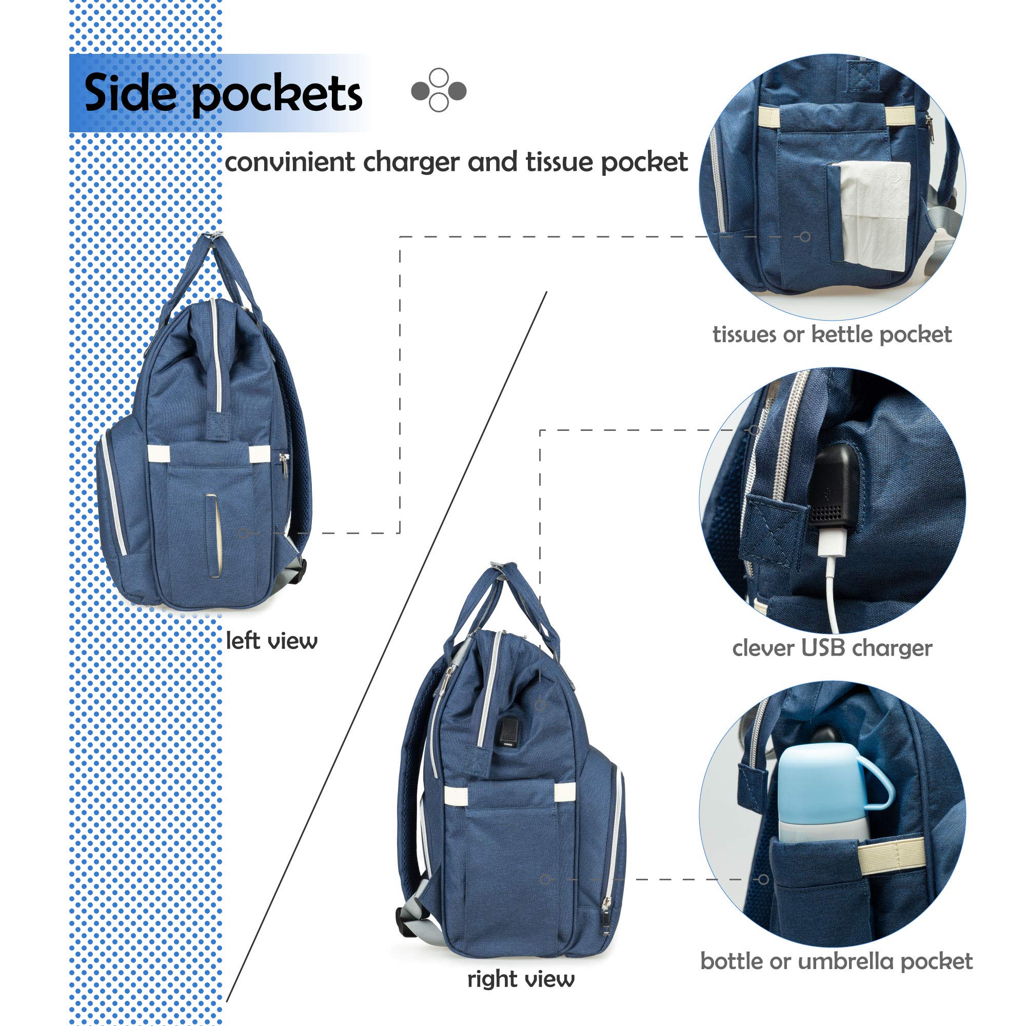 Zaino Mamma, Multifunzione Neonato Borsa con USB per Viaggio, Grande Capacit (Blu scuro)