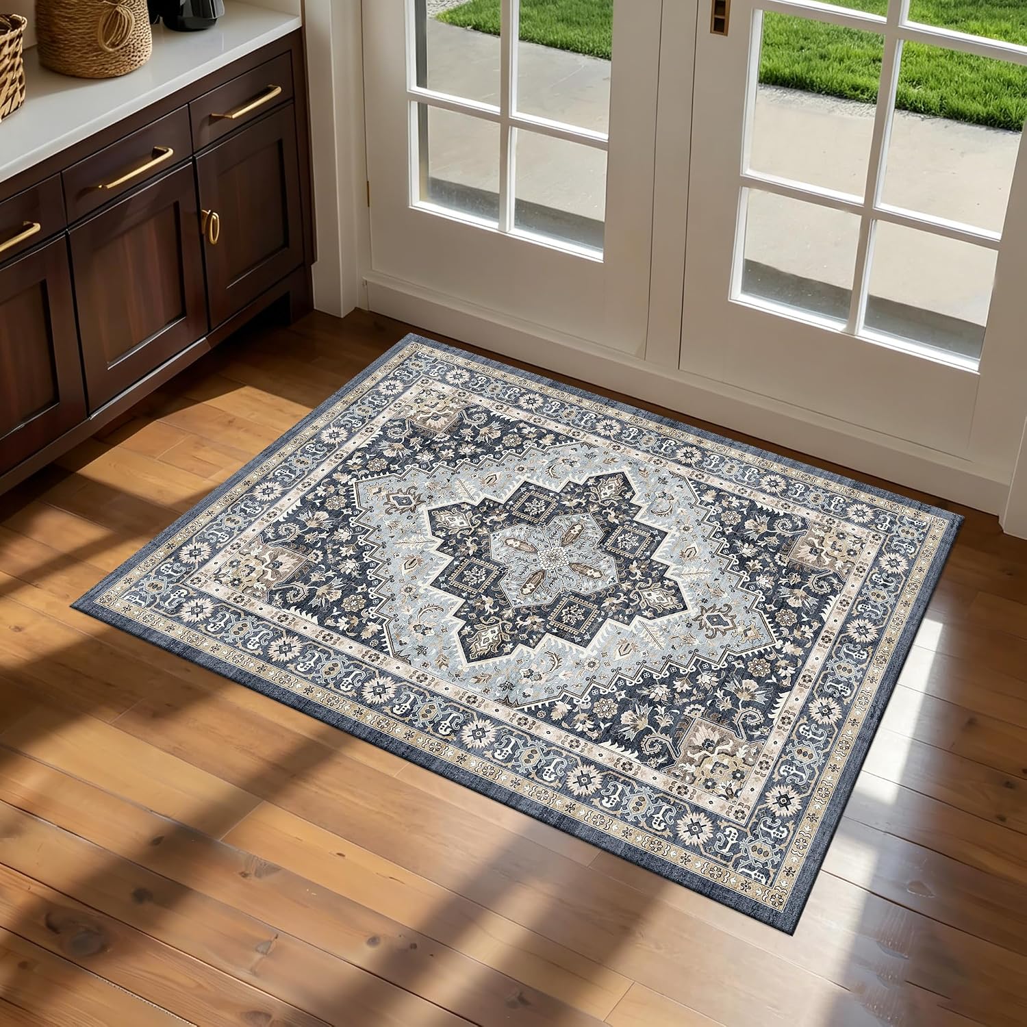 Entryway Rug 2x3 Washable Non Slip Vintage Door Mat Indoor Entrance,Blue | Farmhouse Navy Low Pile Entry Mat Indoor,Stain Resistant,Easy to Clean Small Rubber Backed Soft Area Rug for Kitchen Bathroom