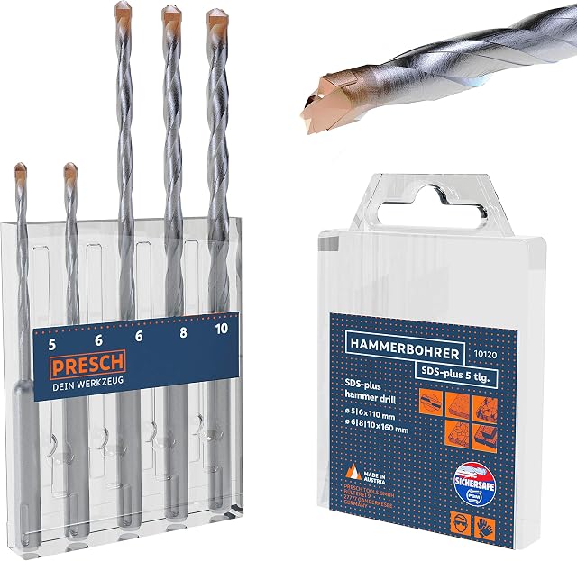 Presch SDS-Plus Carbide Drill Bit Set 5 pcs - Hammer Drill Bit Set SDS for Concrete, Stone, Granite, Brick and Masonry - SDS Drill Bits - Concrete Drill Bit SDS Plus - Ø 5-10mm