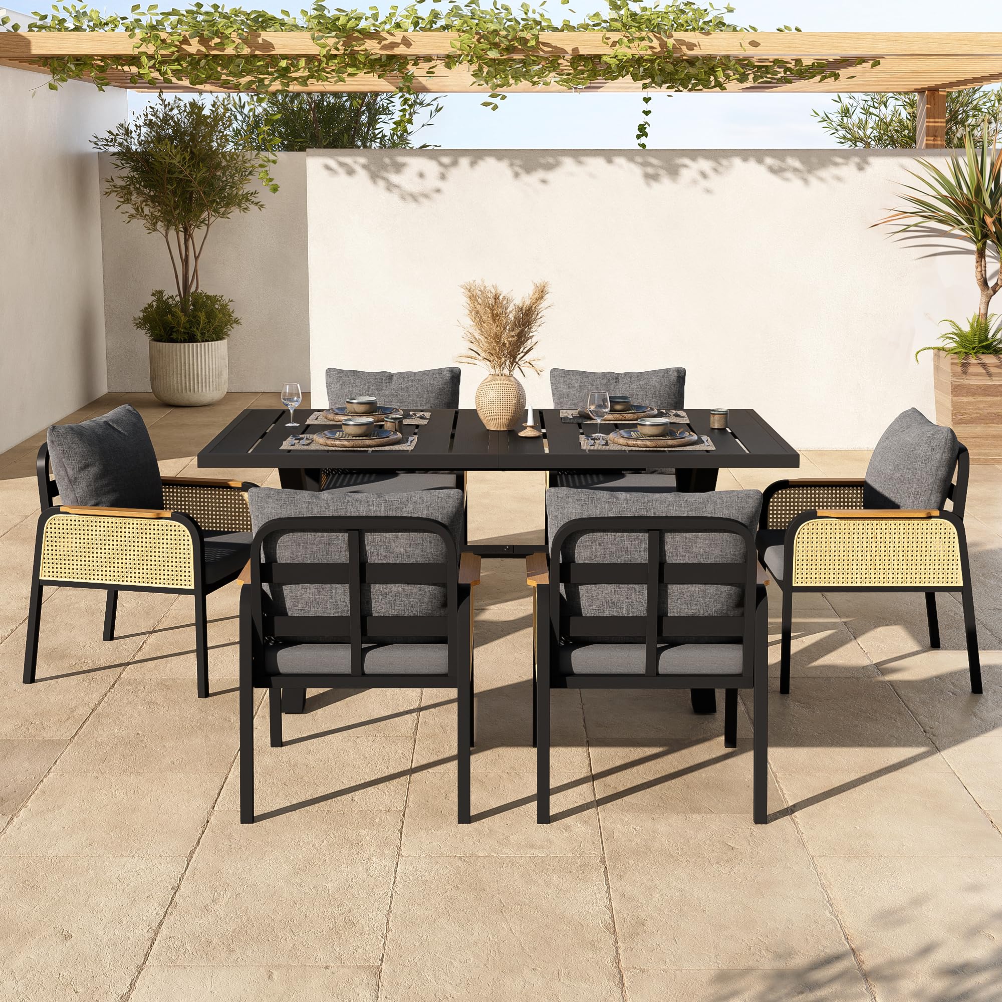 Conjunto de Jardin Exterior para 6 Personas, 7 Piezas, Set Muebles Jardin con 6 Sillones de Ratán y Mesa, Sillas con Cojines, Juego de Muebles de Jardín para Terraza Patio (Negro + Natural)