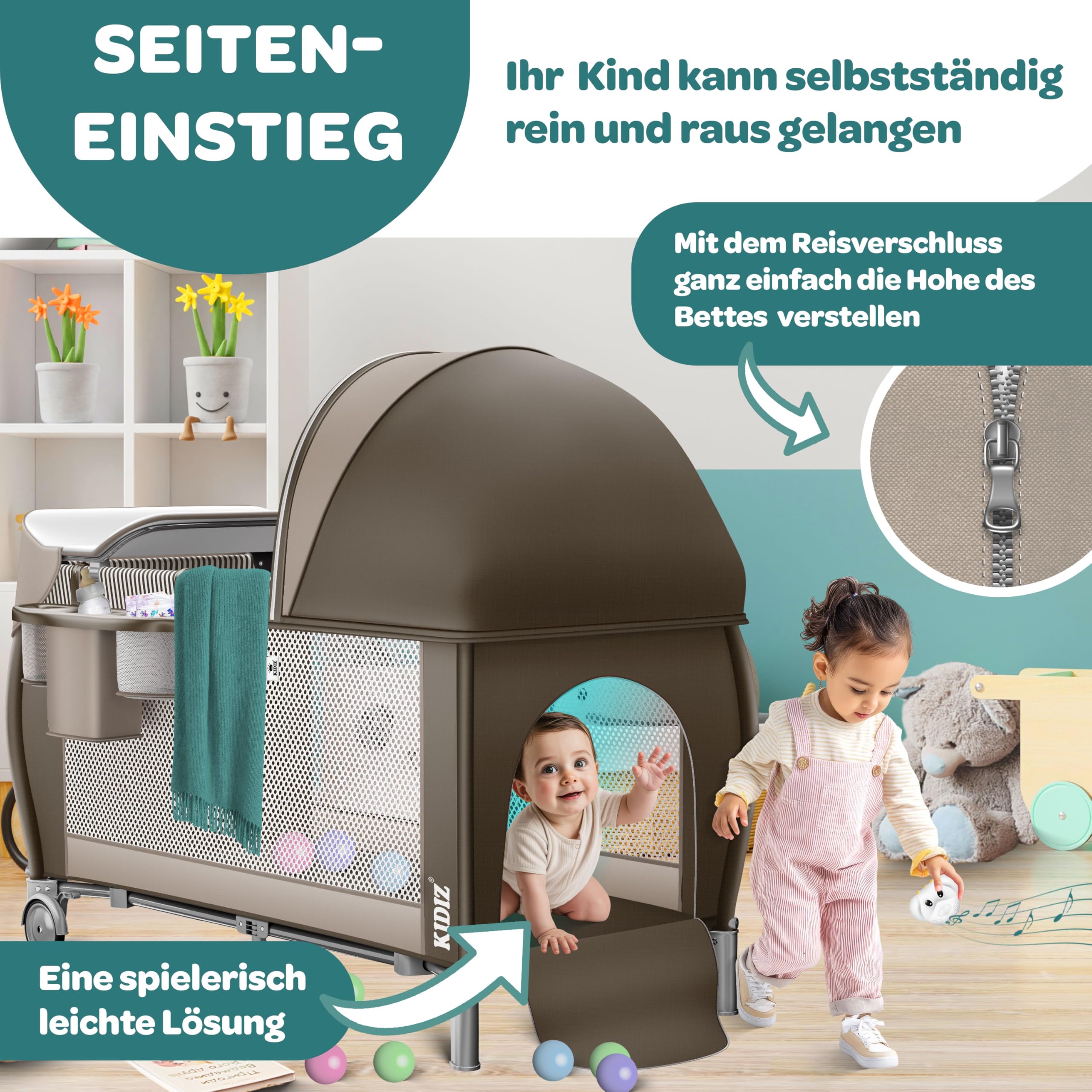 KIDIZ® Łóżeczko dziecięce 3 w 1, turystyczne, zestaw kombi, łóżeczko z przewijakiem, moskitiera, kojec, do 15 kg, przewiewne ściany boczne z wejściem bocznym, składana torba transportowa, brązowy