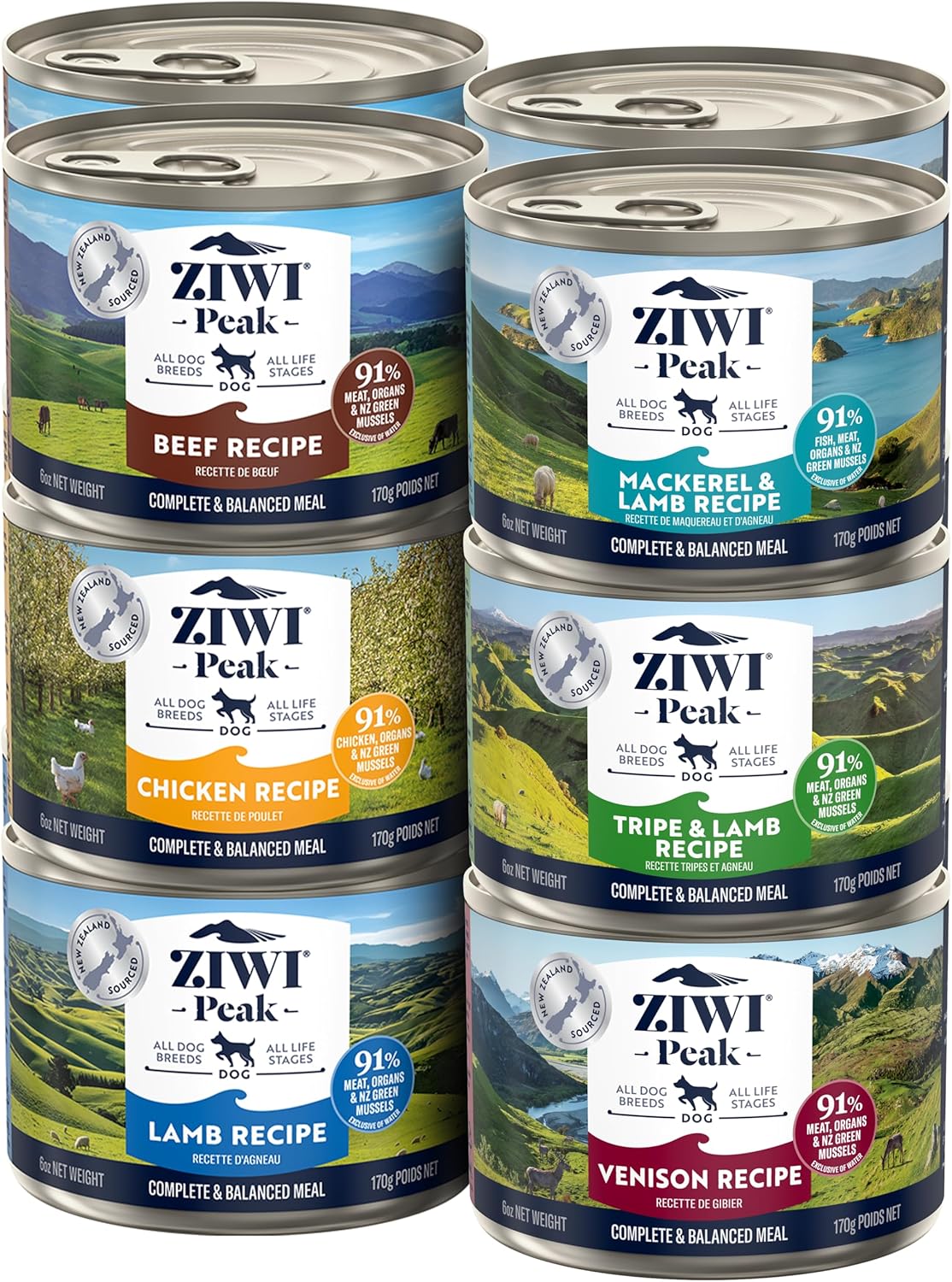 ZIWI Peak Wet Dog Food Variety Pack - Beef, Chicken, Lamb, Mackerel, Tripe, Venison, 12 Pack (6oz Each)