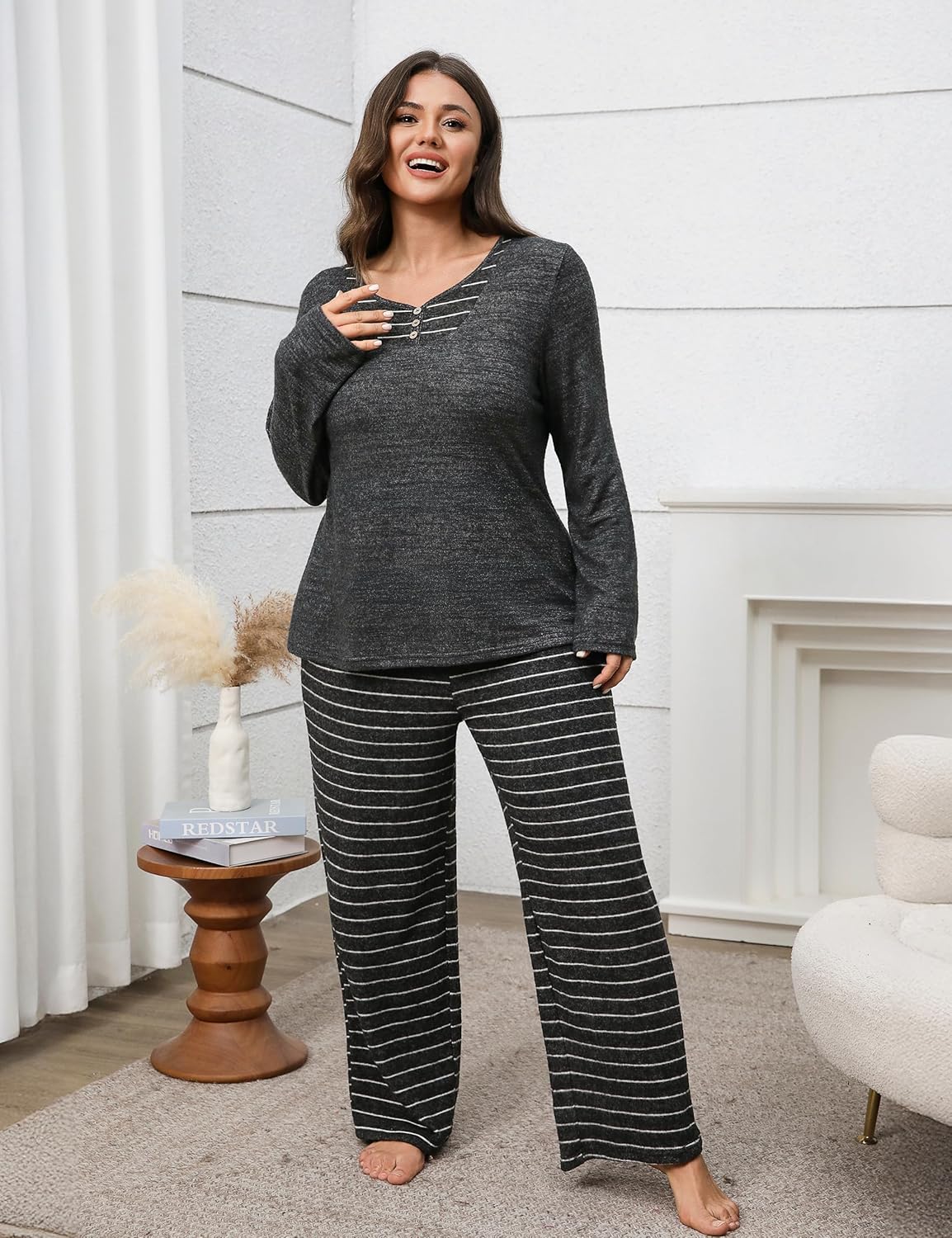 Blooming Jelly Womens Plus Size Pajamas Color Block Pajama Sets Button Down Lounge Sets 2 Piece V Neck Long Sleeve Pj - Image 5