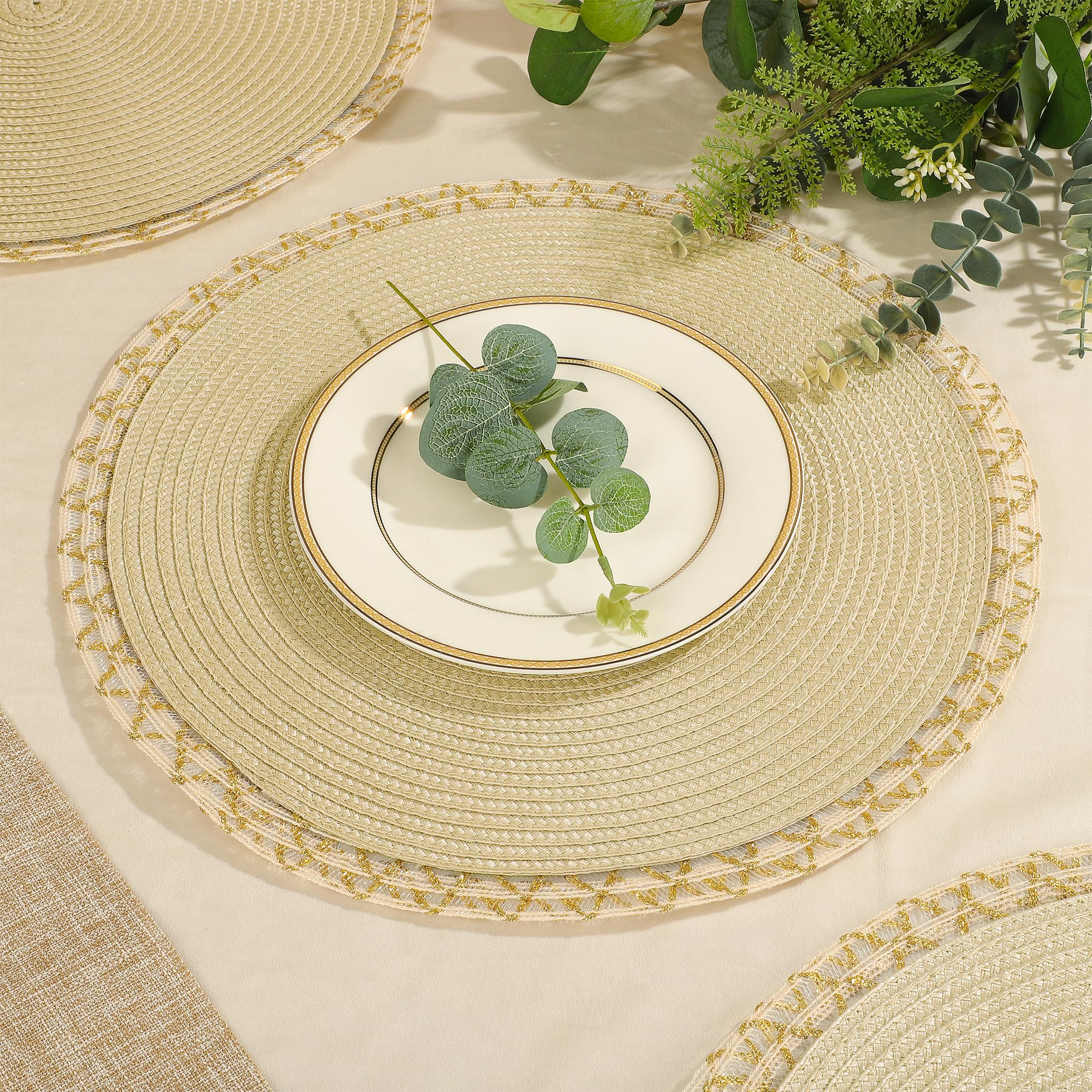 fanquare Round Placemats Set of 6 Beige Braided Place Mats with Gold Lace Border Durable Heat Resistant Non-Slip Table Mats for Dining Decoration 34cm - Image 2